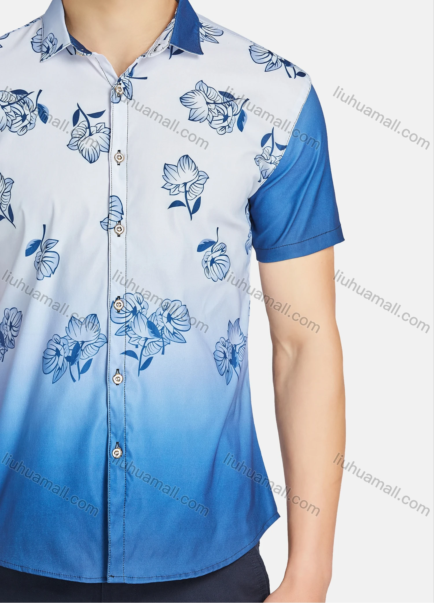 Wholesale Men's Causal Splicing Floral Print Gradient Buttons Down Short Sleeve Shirts 23307# - Liuhuamall