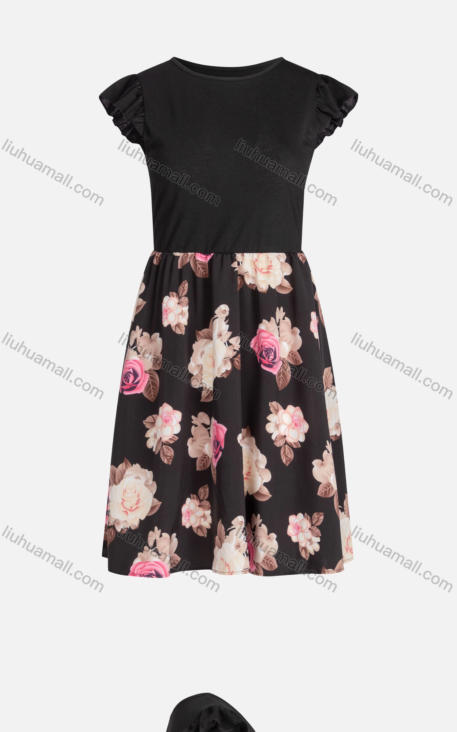 Wholesale Women's Casual Crew Neck Cap Sleeve High Waist Splicing Floral Dress - Liuhuamall