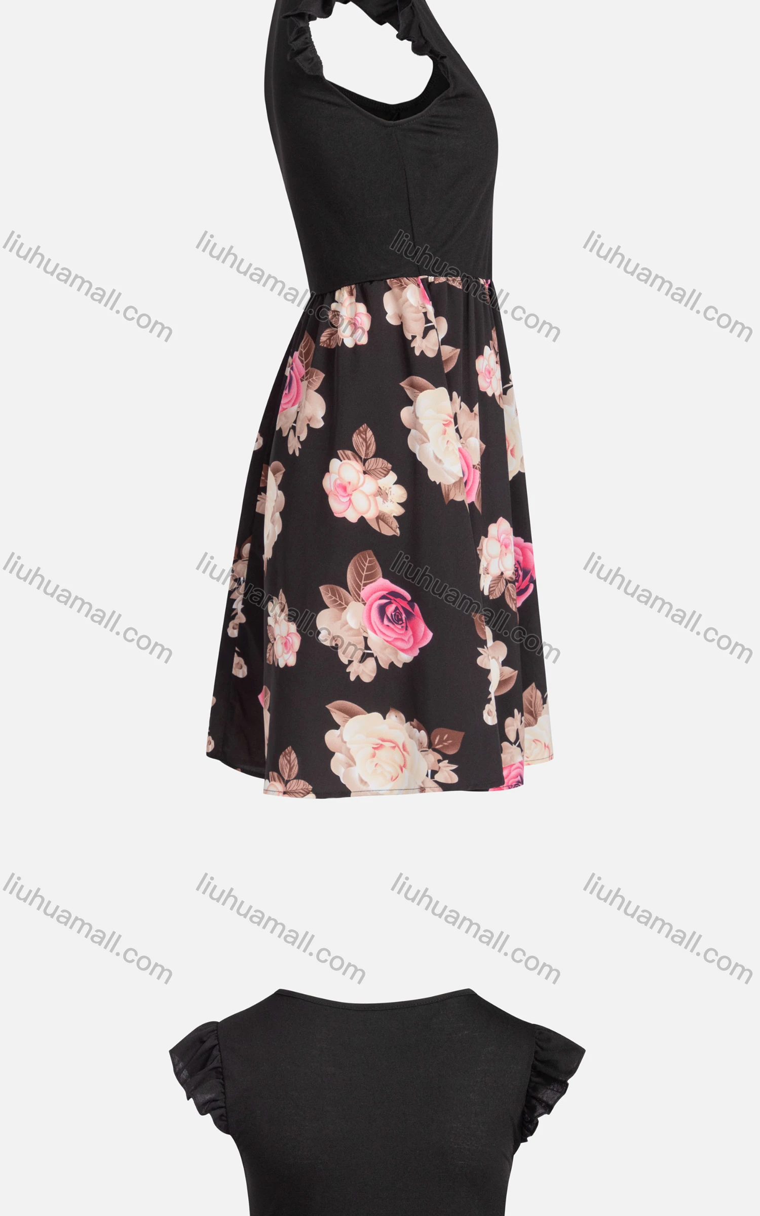Wholesale Women's Casual Crew Neck Cap Sleeve High Waist Splicing Floral Dress - Liuhuamall