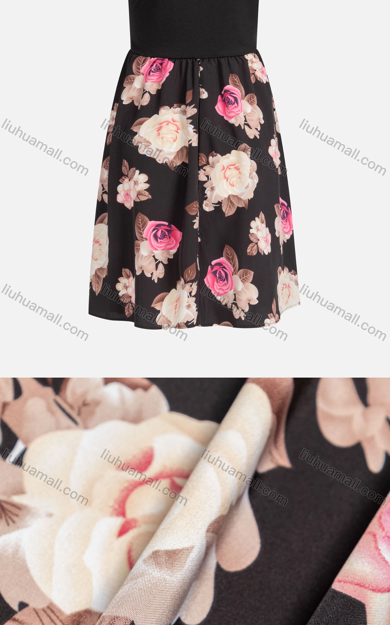Wholesale Women's Casual Crew Neck Cap Sleeve High Waist Splicing Floral Dress - Liuhuamall