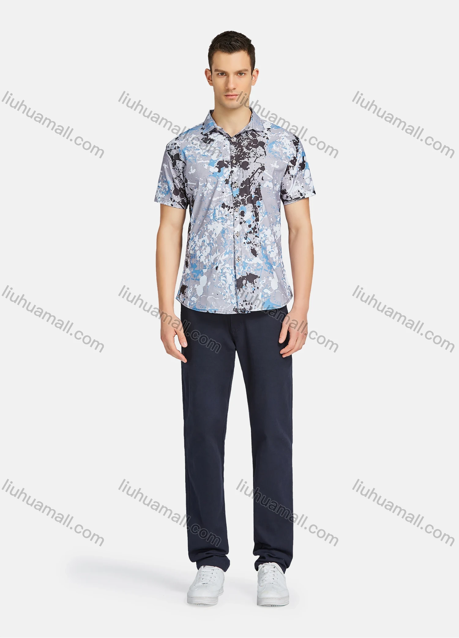 Wholesale Men's Causal Ink Splash Buttons Down Short Sleeve Shirts 23301# - Liuhuamall