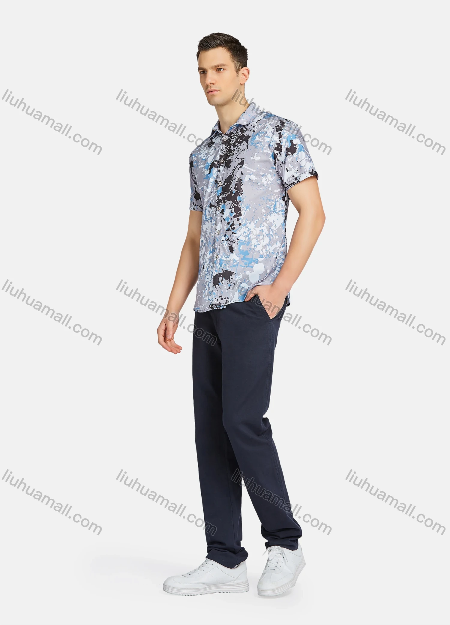 Wholesale Men's Causal Ink Splash Buttons Down Short Sleeve Shirts 23301# - Liuhuamall