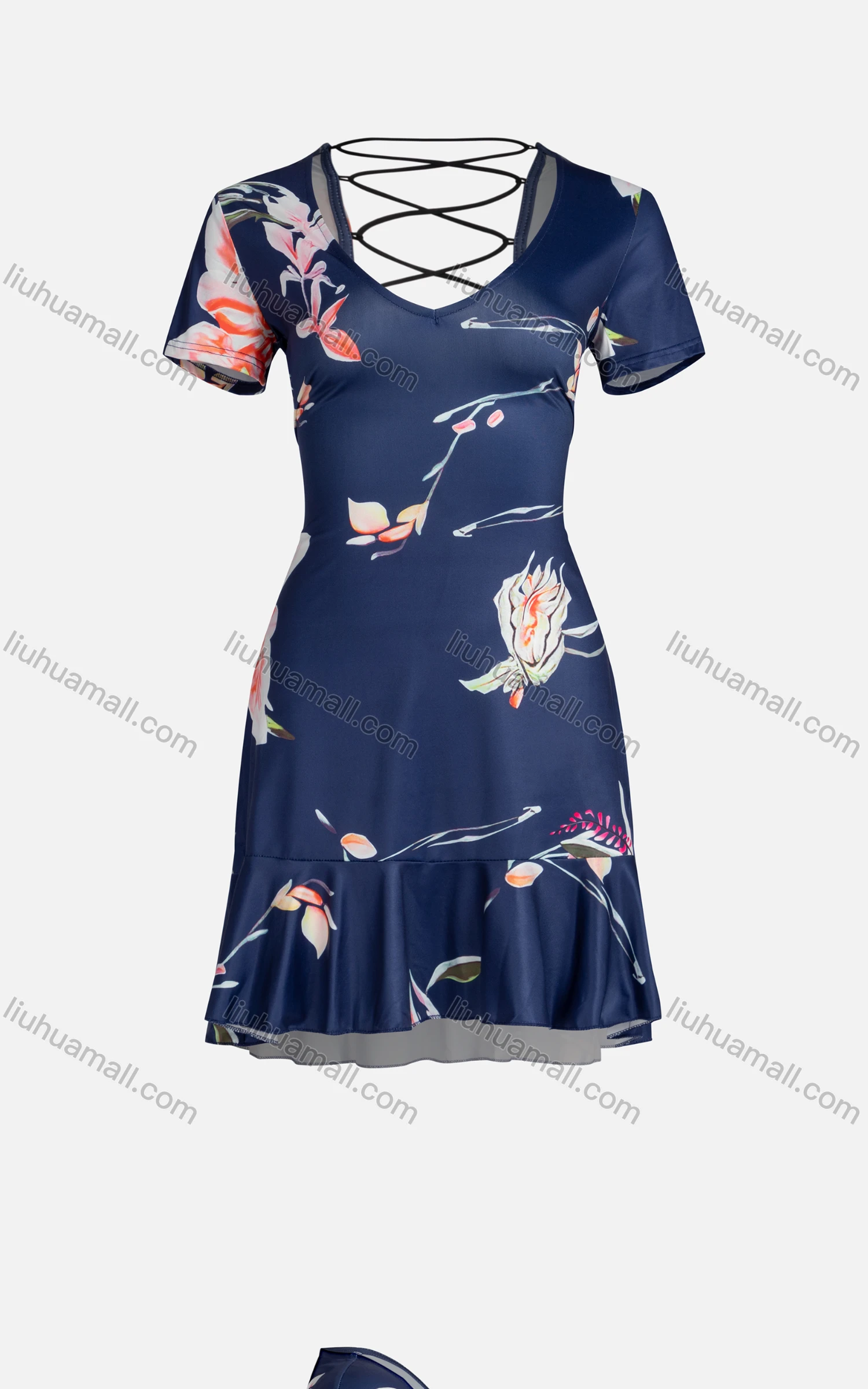 Wholesale Women's Sexy V Neck High Waist Crisscross Back Ruffle Hem Short Cocktail Dress - Liuhuamall