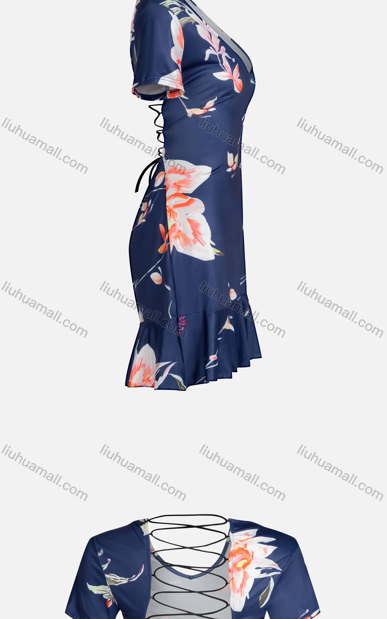Wholesale Women's Sexy V Neck High Waist Crisscross Back Ruffle Hem Short Cocktail Dress - Liuhuamall