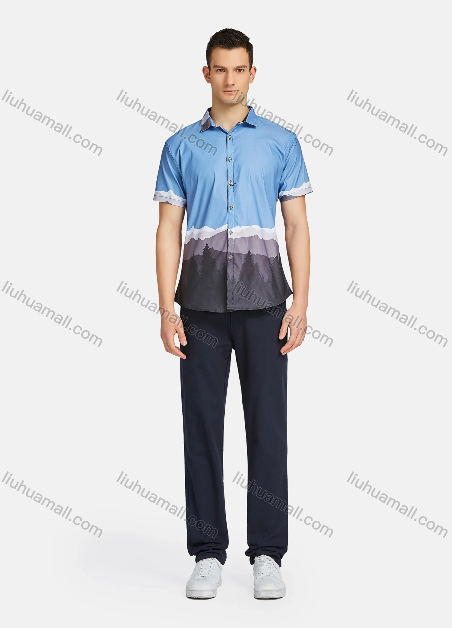 Wholesale Men's Casual Landscape Buttons Down Short Sleeve Shirts 23308# - Liuhuamall
