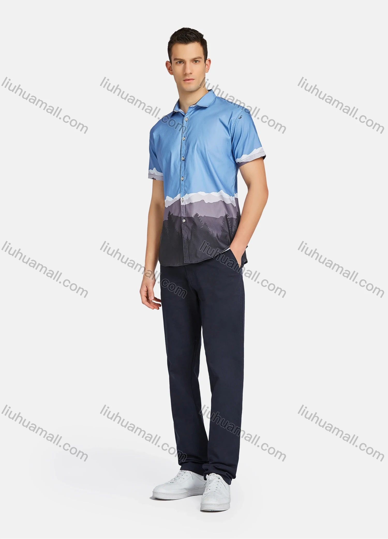 Wholesale Men's Casual Landscape Buttons Down Short Sleeve Shirts 23308# - Liuhuamall