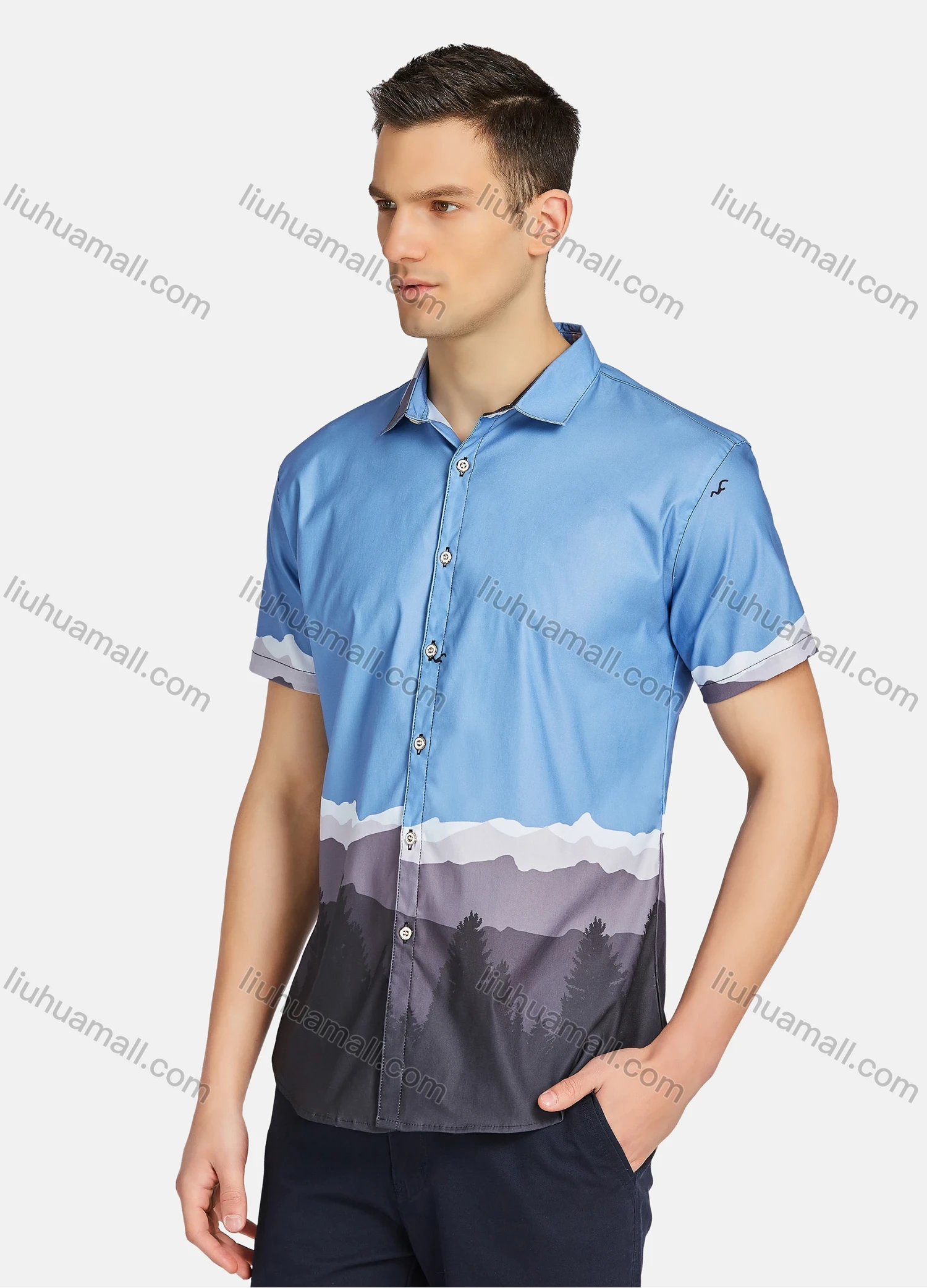Wholesale Men's Casual Landscape Buttons Down Short Sleeve Shirts 23308# - Liuhuamall