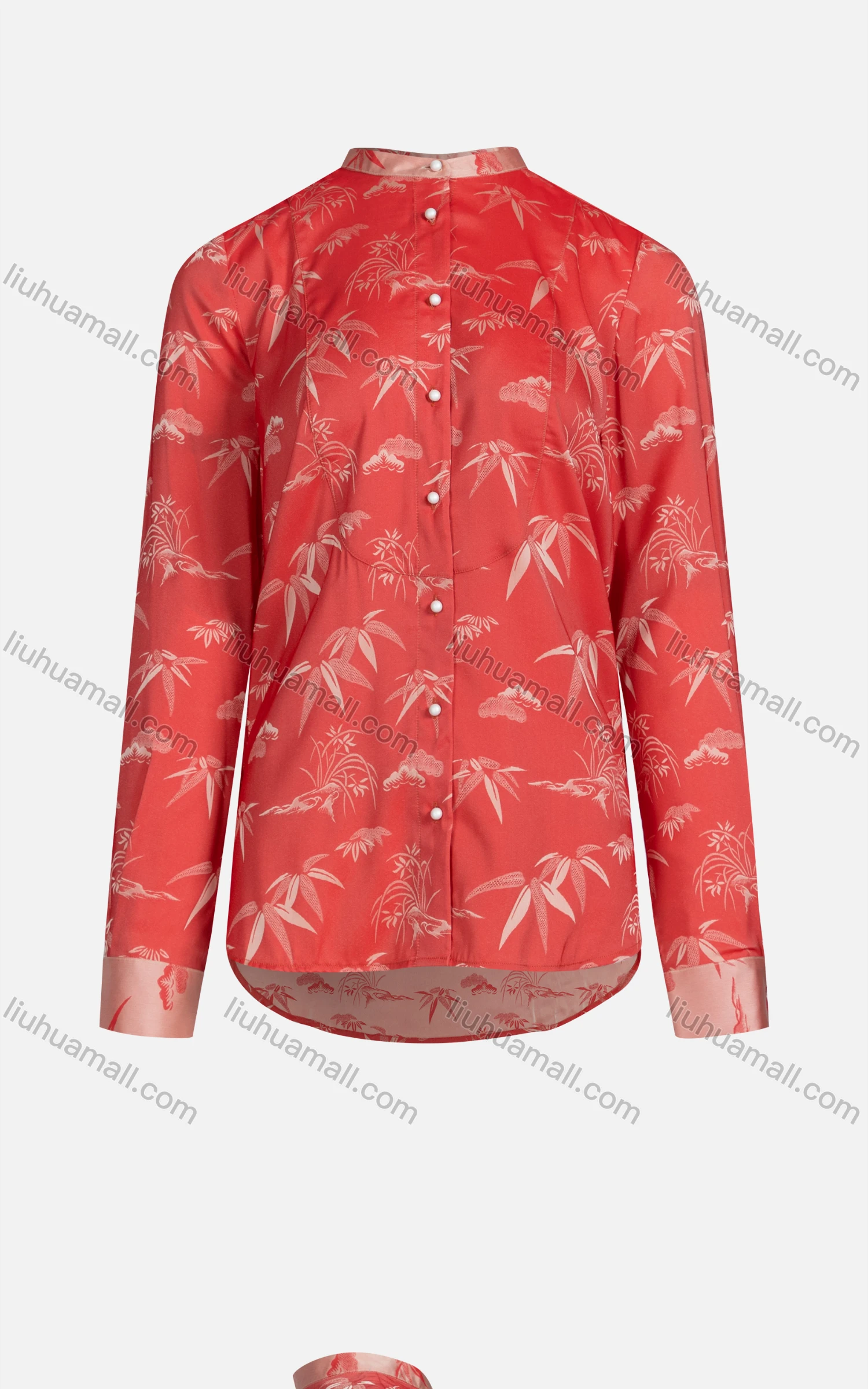 Wholesale Women's Casual Stand Collar Long Sleeve Button Down Leaf Print Shirt - Liuhuamall