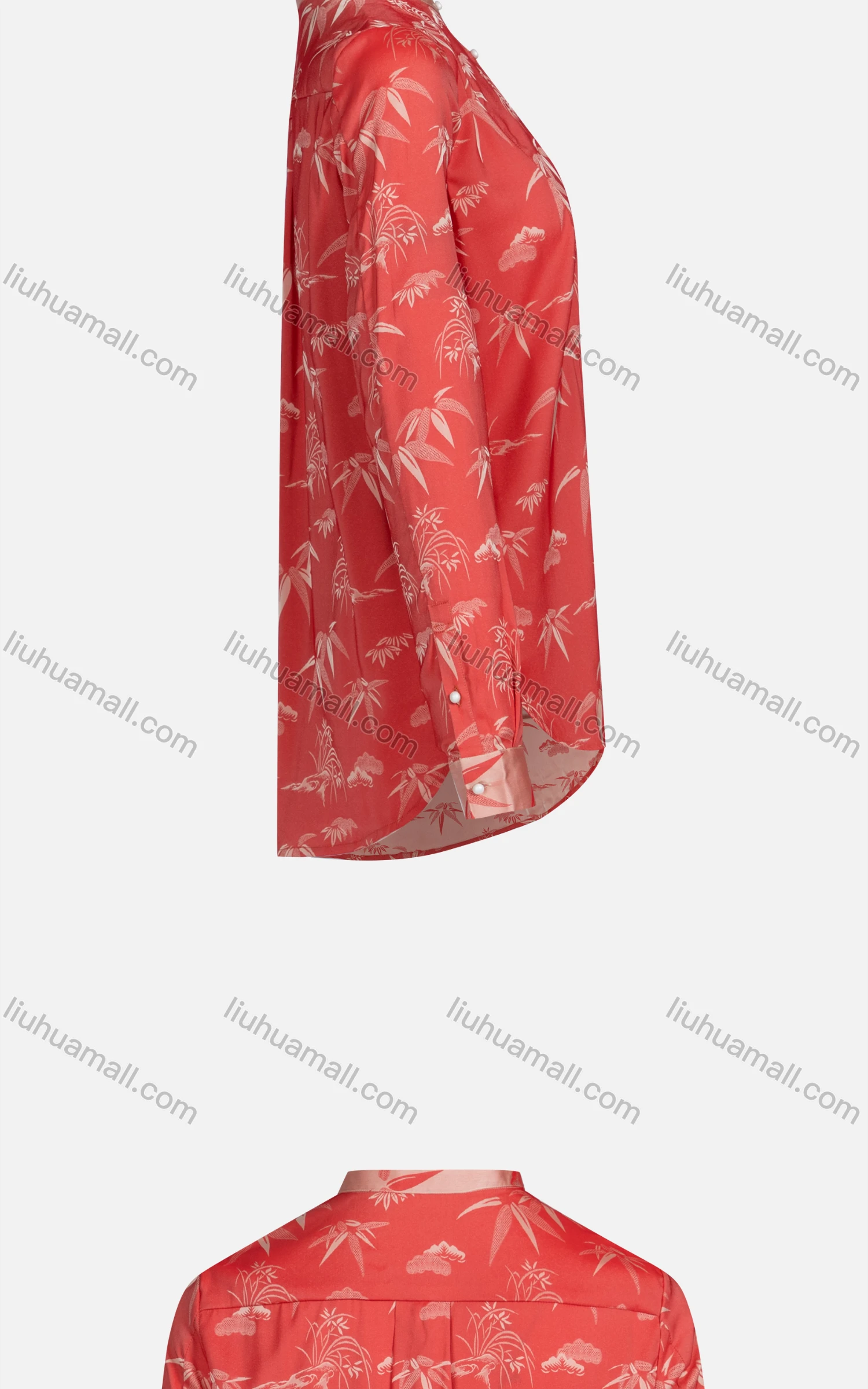 Wholesale Women's Casual Stand Collar Long Sleeve Button Down Leaf Print Shirt - Liuhuamall