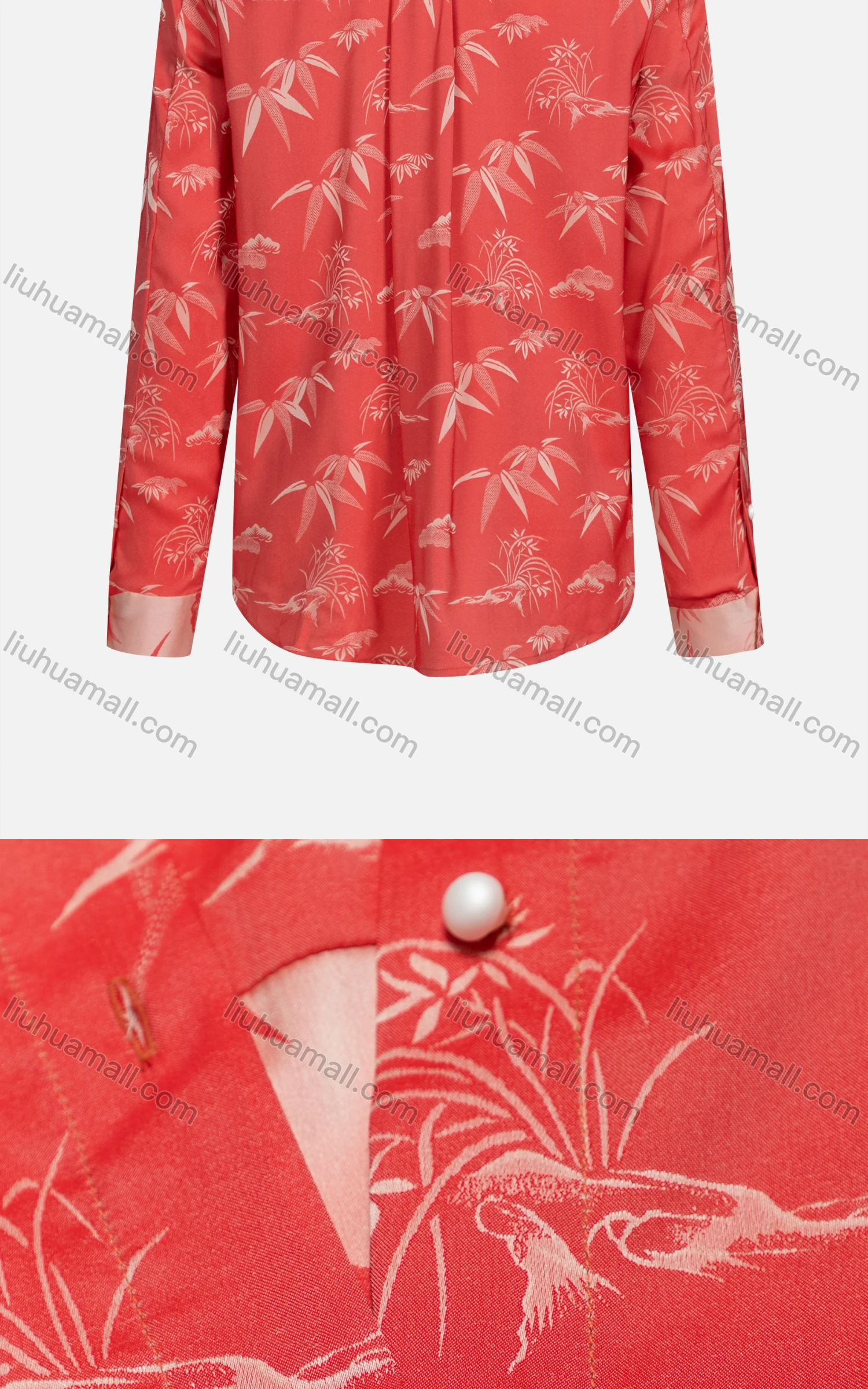 Wholesale Women's Casual Stand Collar Long Sleeve Button Down Leaf Print Shirt - Liuhuamall