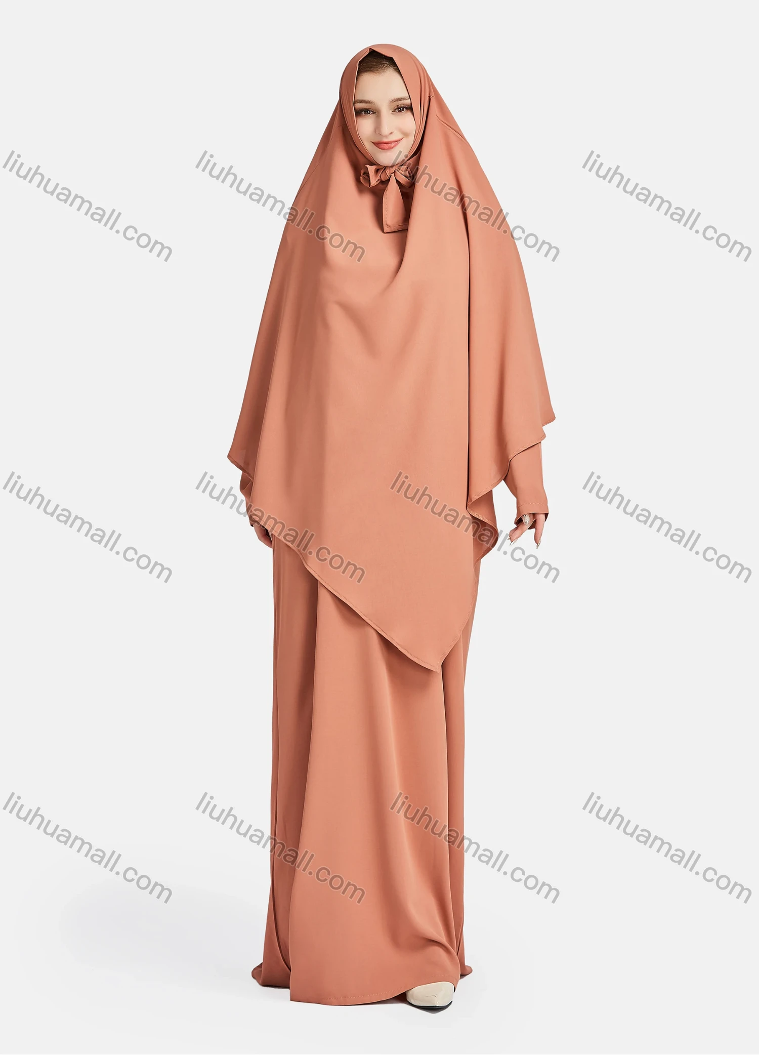 Wholesale Women's Vintage Islamic Chiffon Plain Muslim Long Sleeve Ruffle Trim Floor Length Hooded Khimar Abaya Dress - Liuhuamall