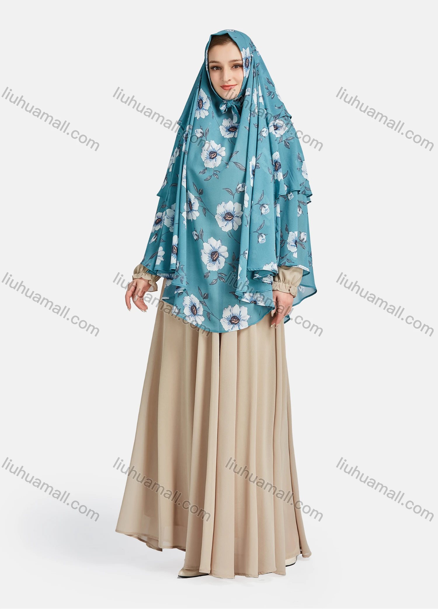 Wholesale Women's Vintage Islamic Chiffon Floral Print Muslim Hijab Ruffle Trim Khimar Scarf - Liuhuamall