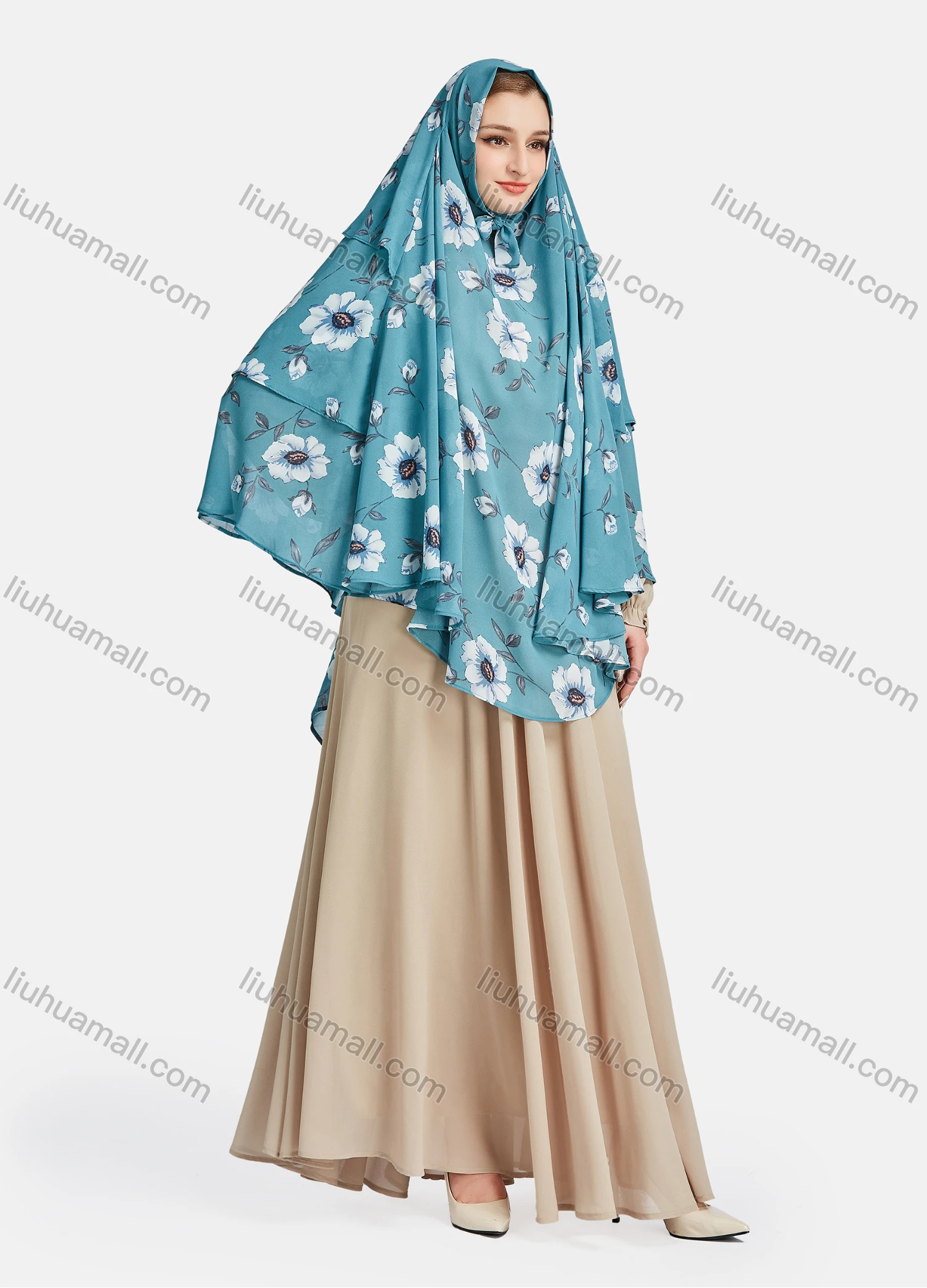 Wholesale Women's Vintage Islamic Chiffon Floral Print Muslim Hijab Ruffle Trim Khimar Scarf - Liuhuamall
