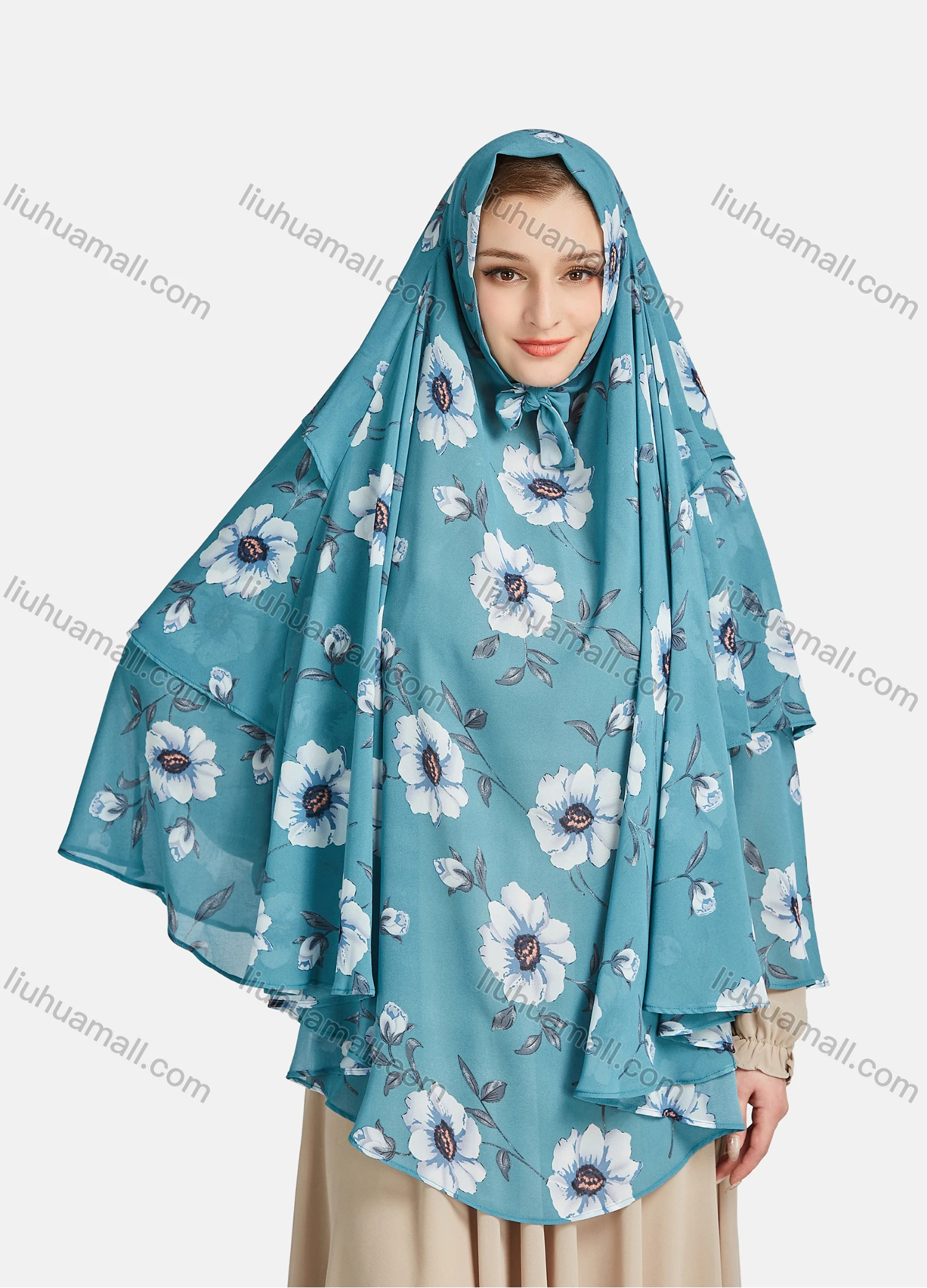 Wholesale Women's Vintage Islamic Chiffon Floral Print Muslim Hijab Ruffle Trim Khimar Scarf - Liuhuamall