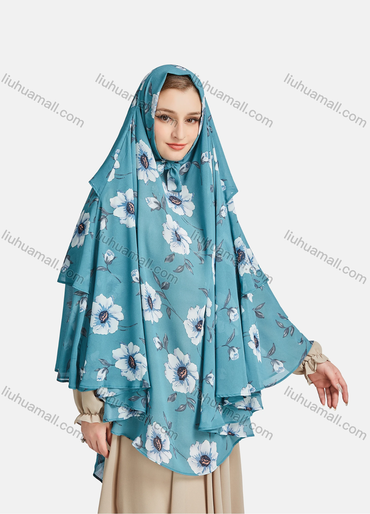 Wholesale Women's Vintage Islamic Chiffon Floral Print Muslim Hijab Ruffle Trim Khimar Scarf - Liuhuamall