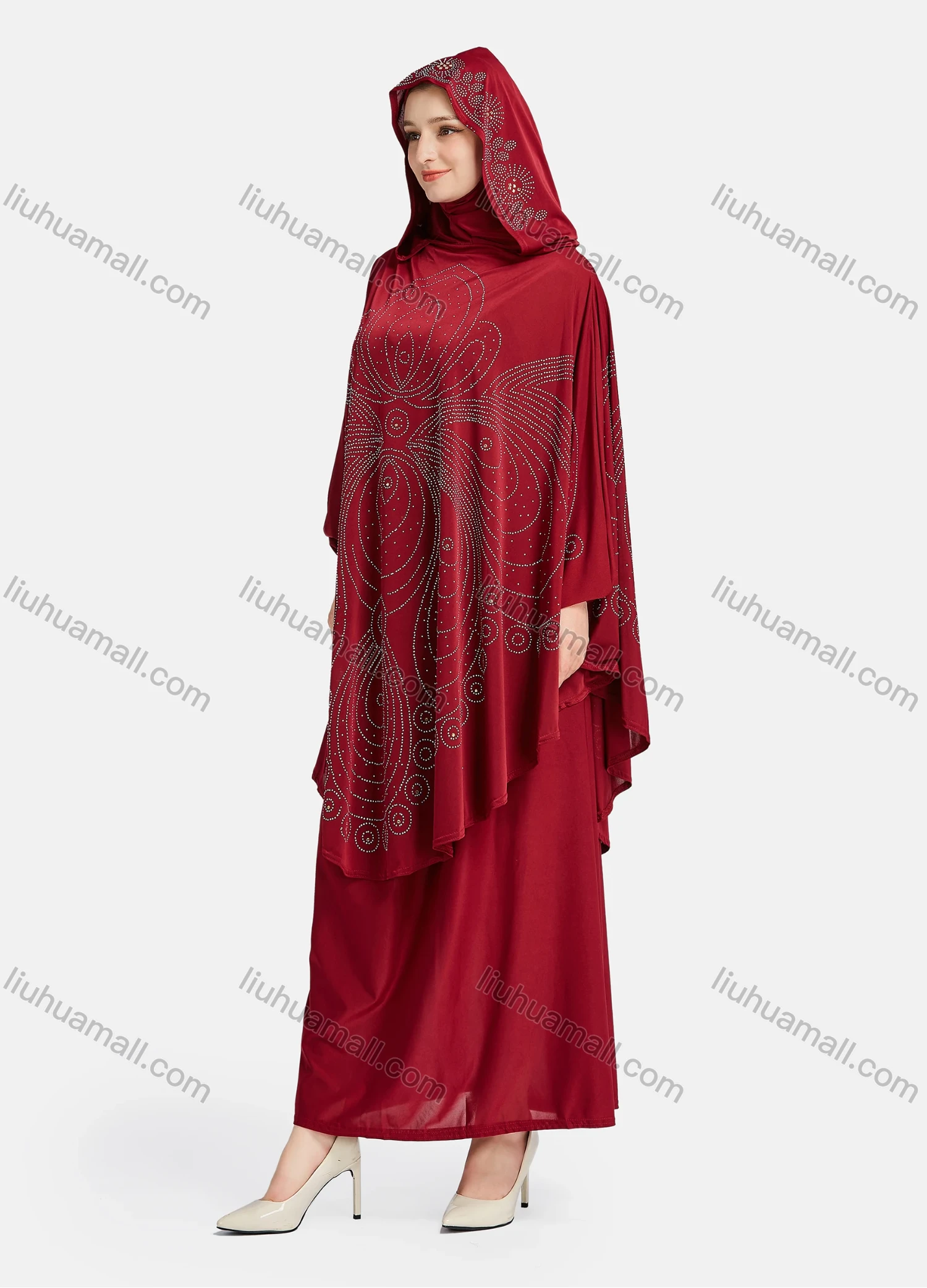 Wholesale Women's Vintage Islamic Rhinestone Appliques Muslim Hijab Ruffle Trim Abaya Dress - Liuhuamall