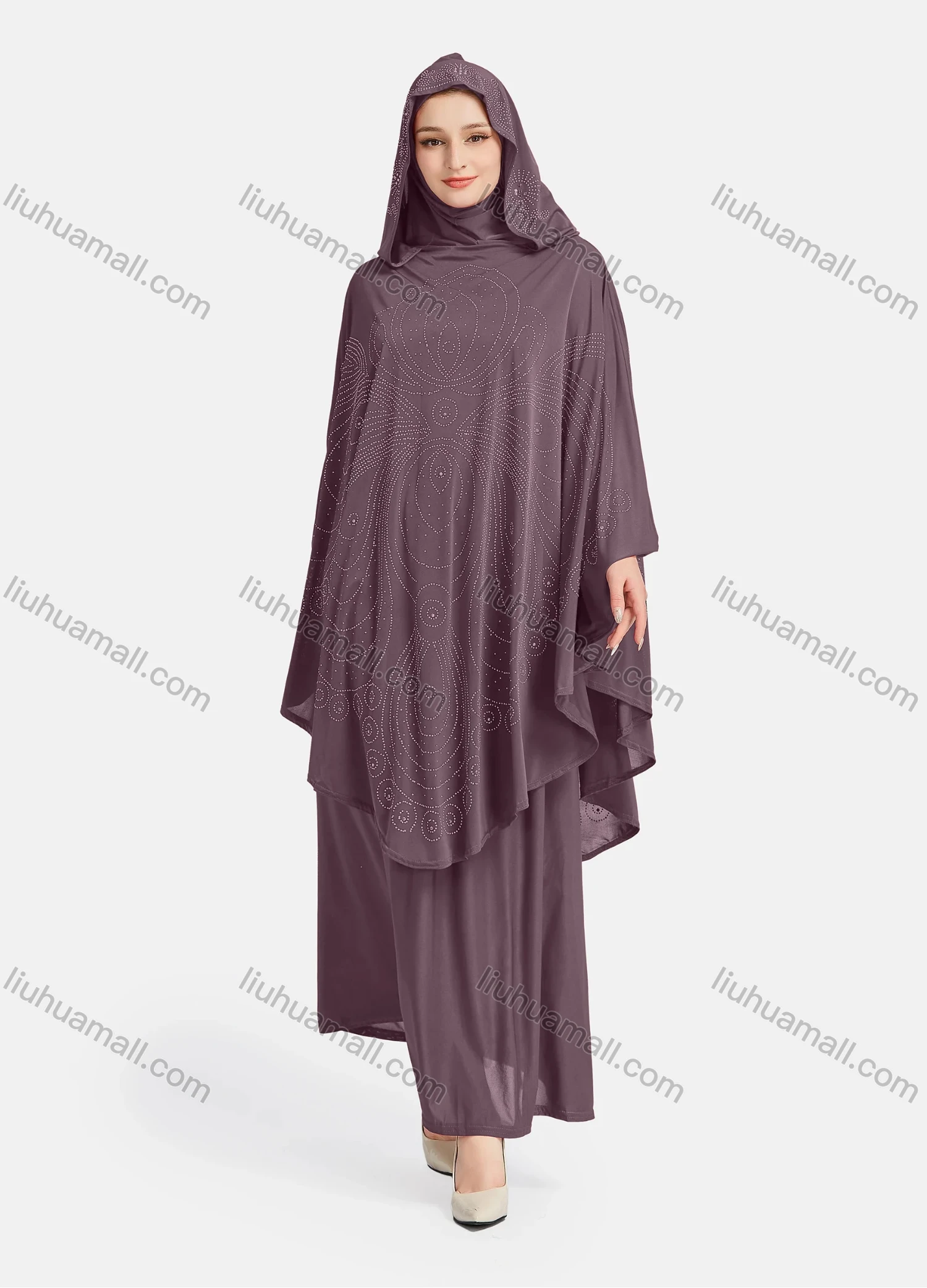 Wholesale Women's Vintage Islamic Rhinestone Appliques Muslim Hijab Ruffle Trim Abaya Dress - Liuhuamall