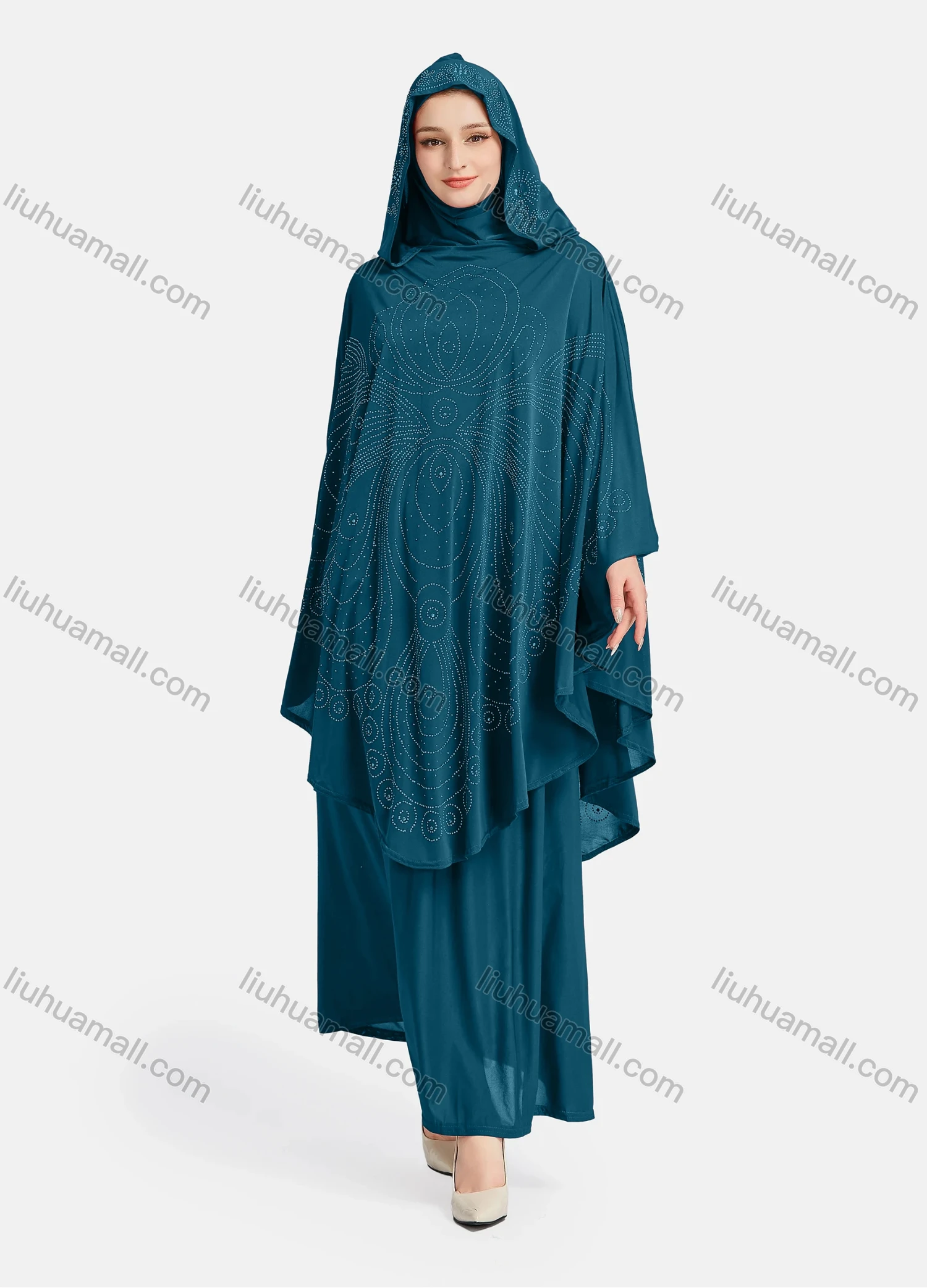 Wholesale Women's Vintage Islamic Rhinestone Appliques Muslim Hijab Ruffle Trim Abaya Dress - Liuhuamall