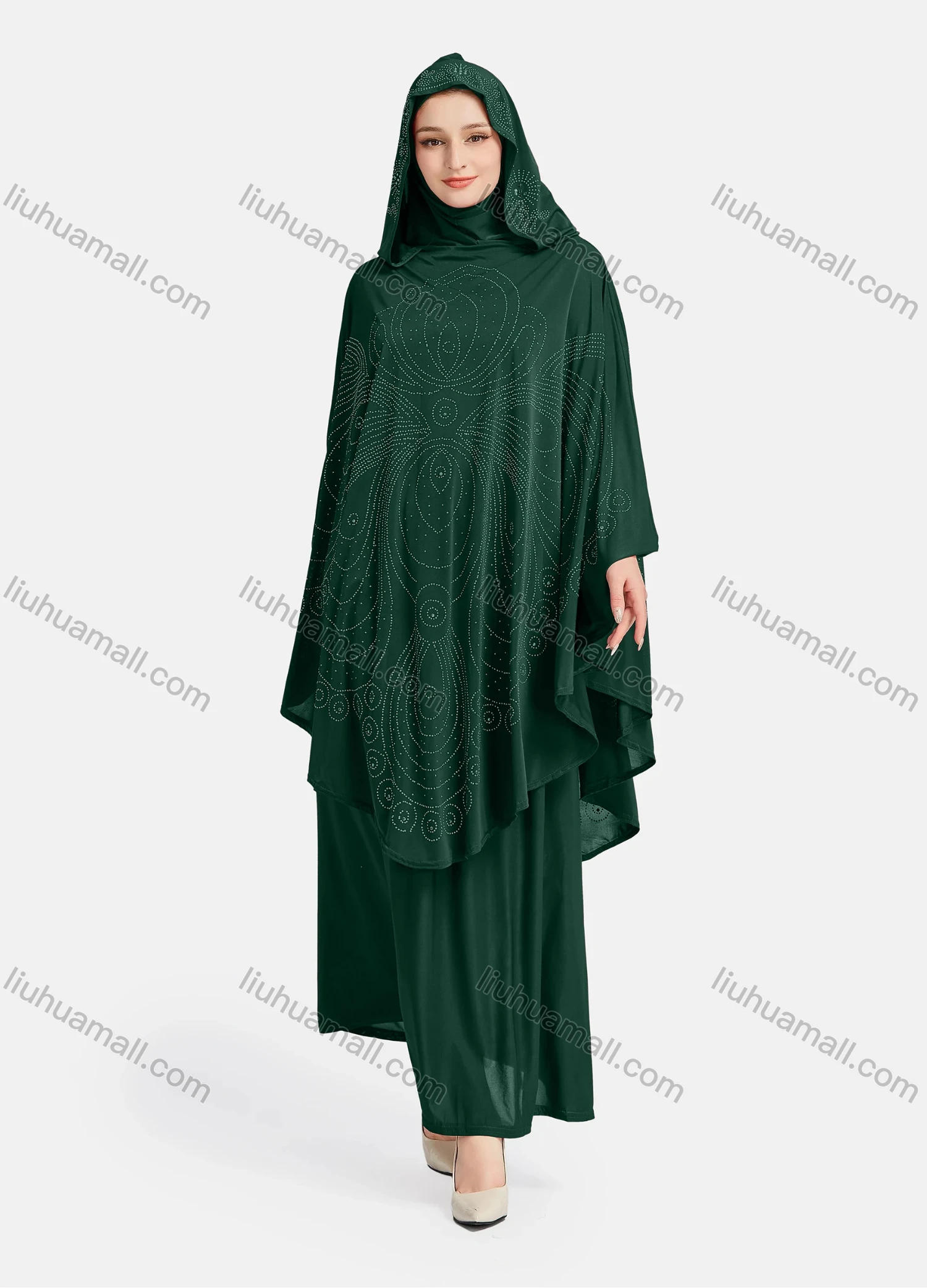 Wholesale Women's Vintage Islamic Rhinestone Appliques Muslim Hijab Ruffle Trim Abaya Dress - Liuhuamall