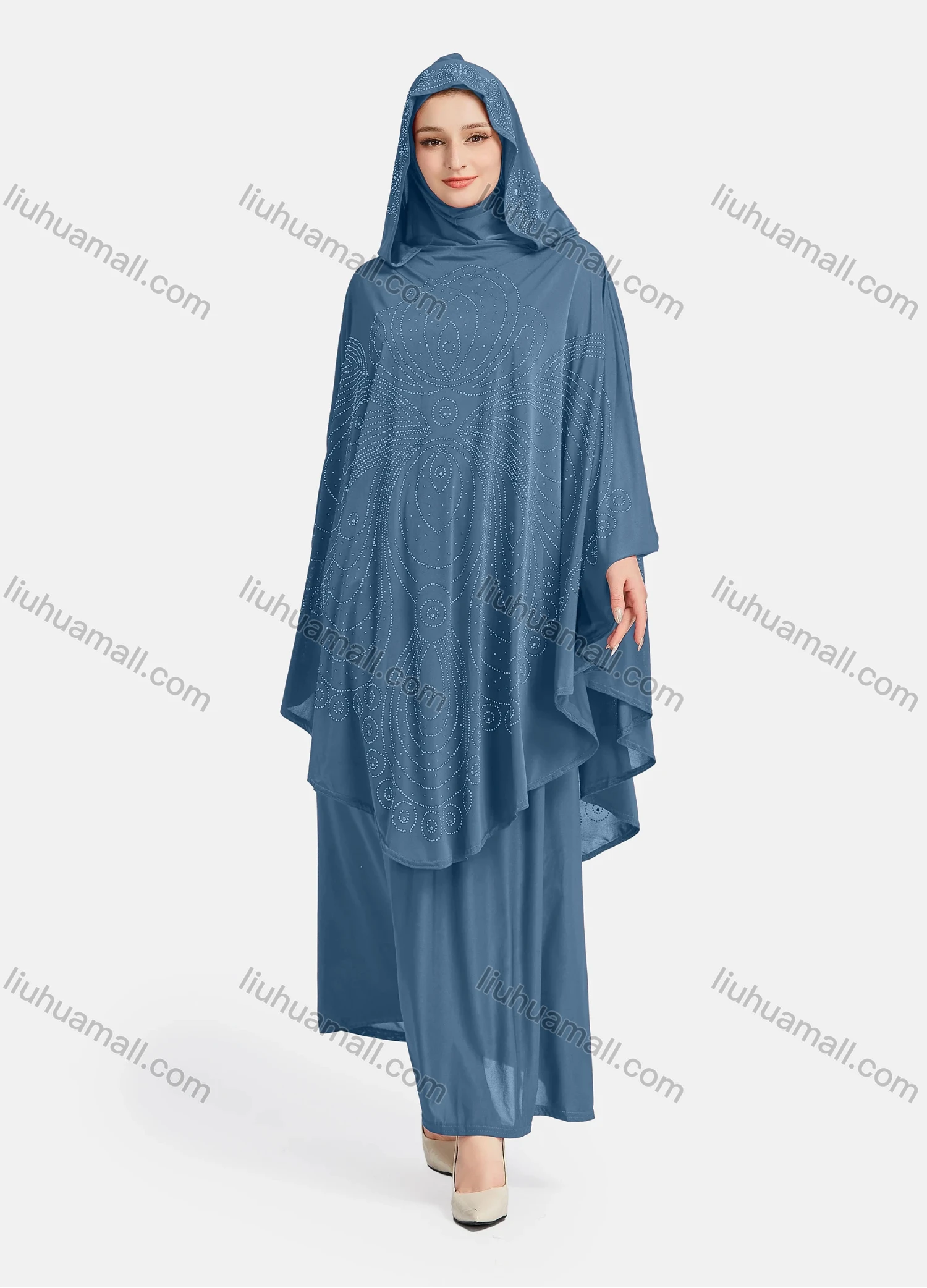 Wholesale Women's Vintage Islamic Rhinestone Appliques Muslim Hijab Ruffle Trim Abaya Dress - Liuhuamall