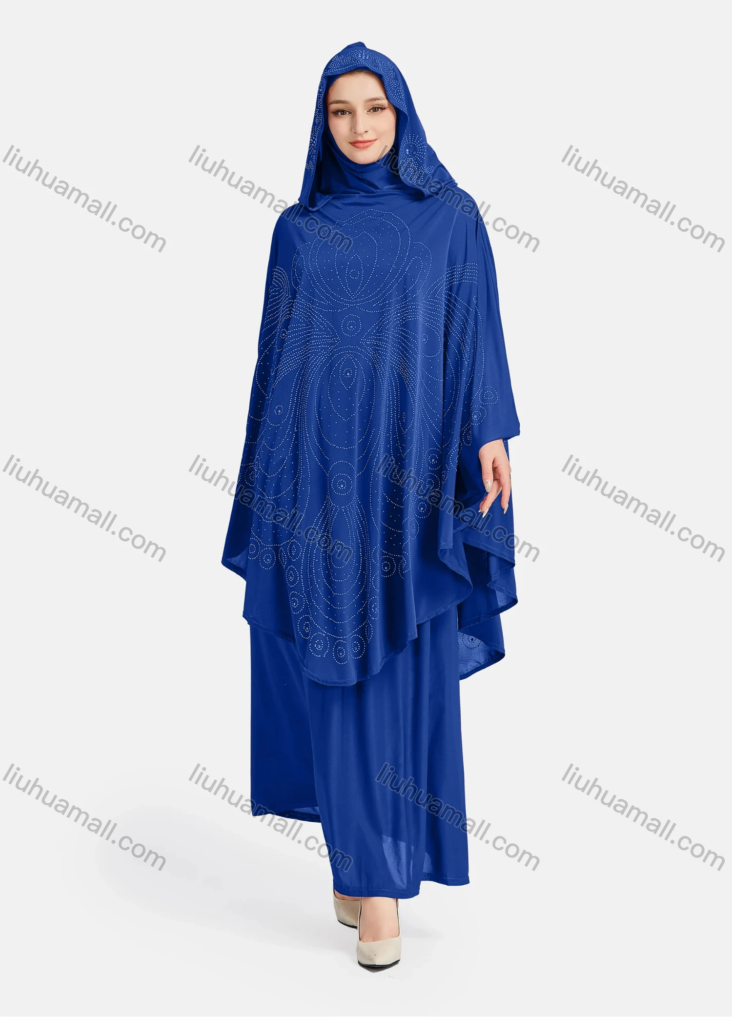 Wholesale Women's Vintage Islamic Rhinestone Appliques Muslim Hijab Ruffle Trim Abaya Dress - Liuhuamall