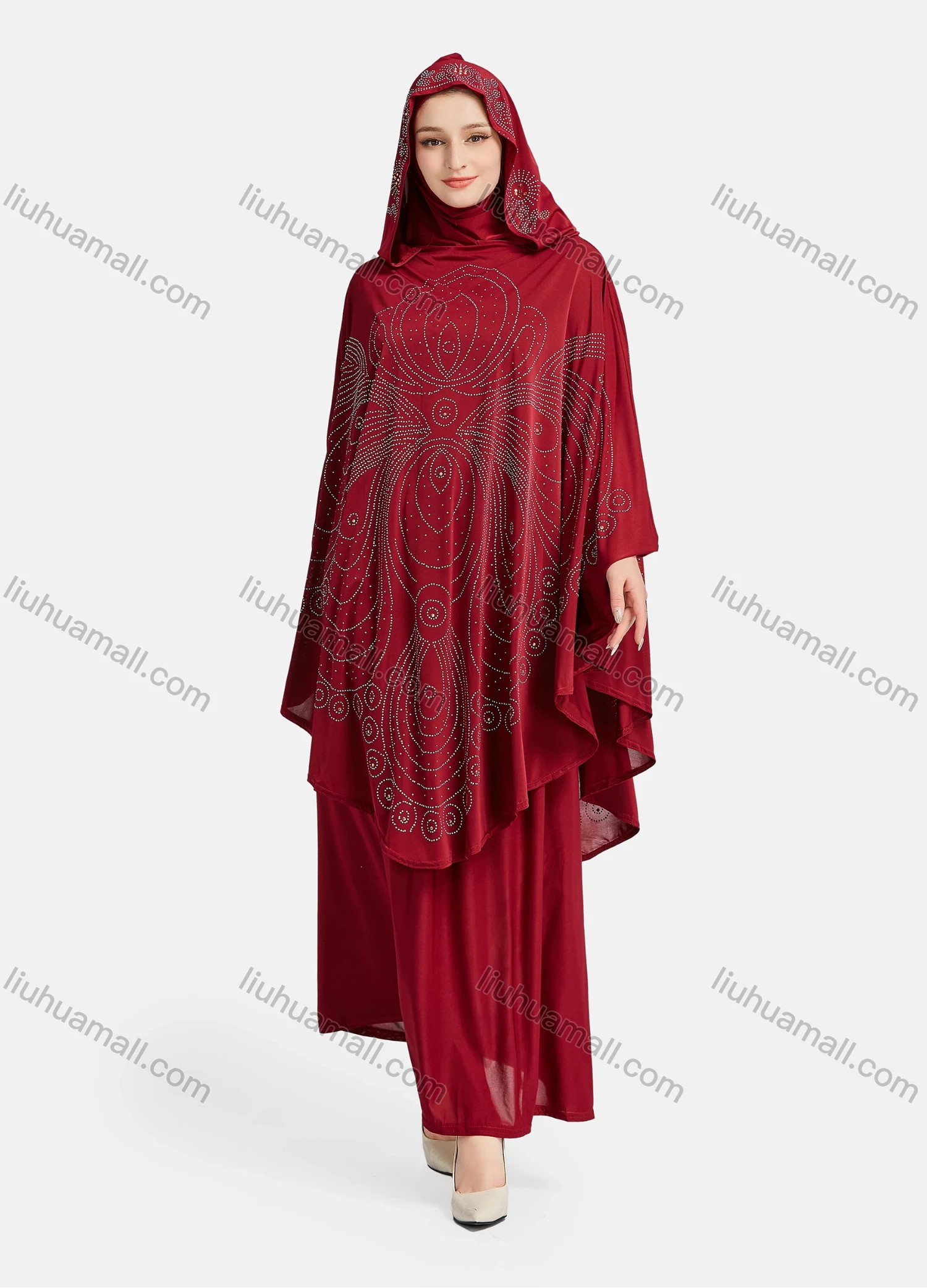 Wholesale Women's Vintage Islamic Rhinestone Appliques Muslim Hijab Ruffle Trim Abaya Dress - Liuhuamall