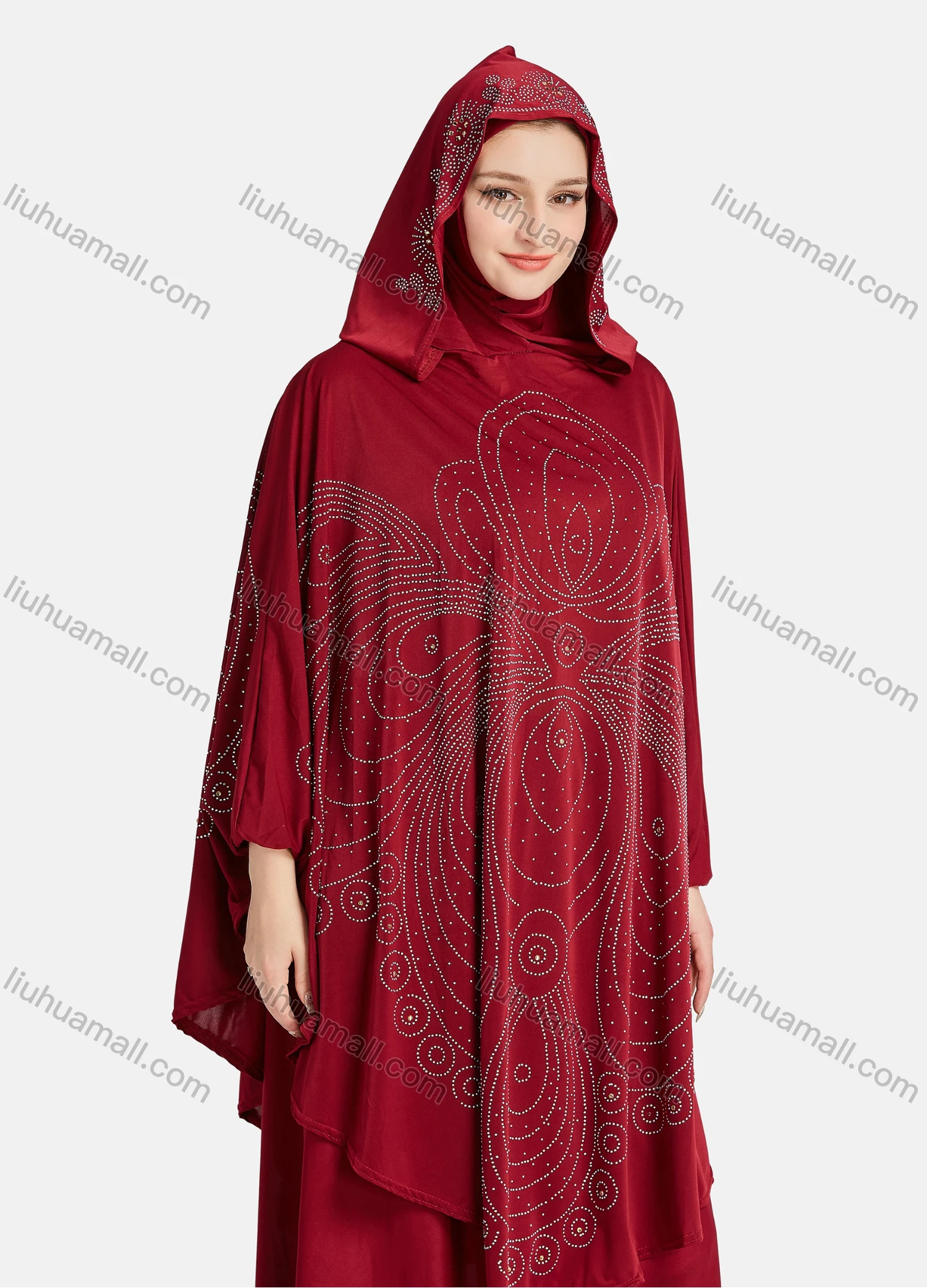 Wholesale Women's Vintage Islamic Rhinestone Appliques Muslim Hijab Ruffle Trim Abaya Dress - Liuhuamall
