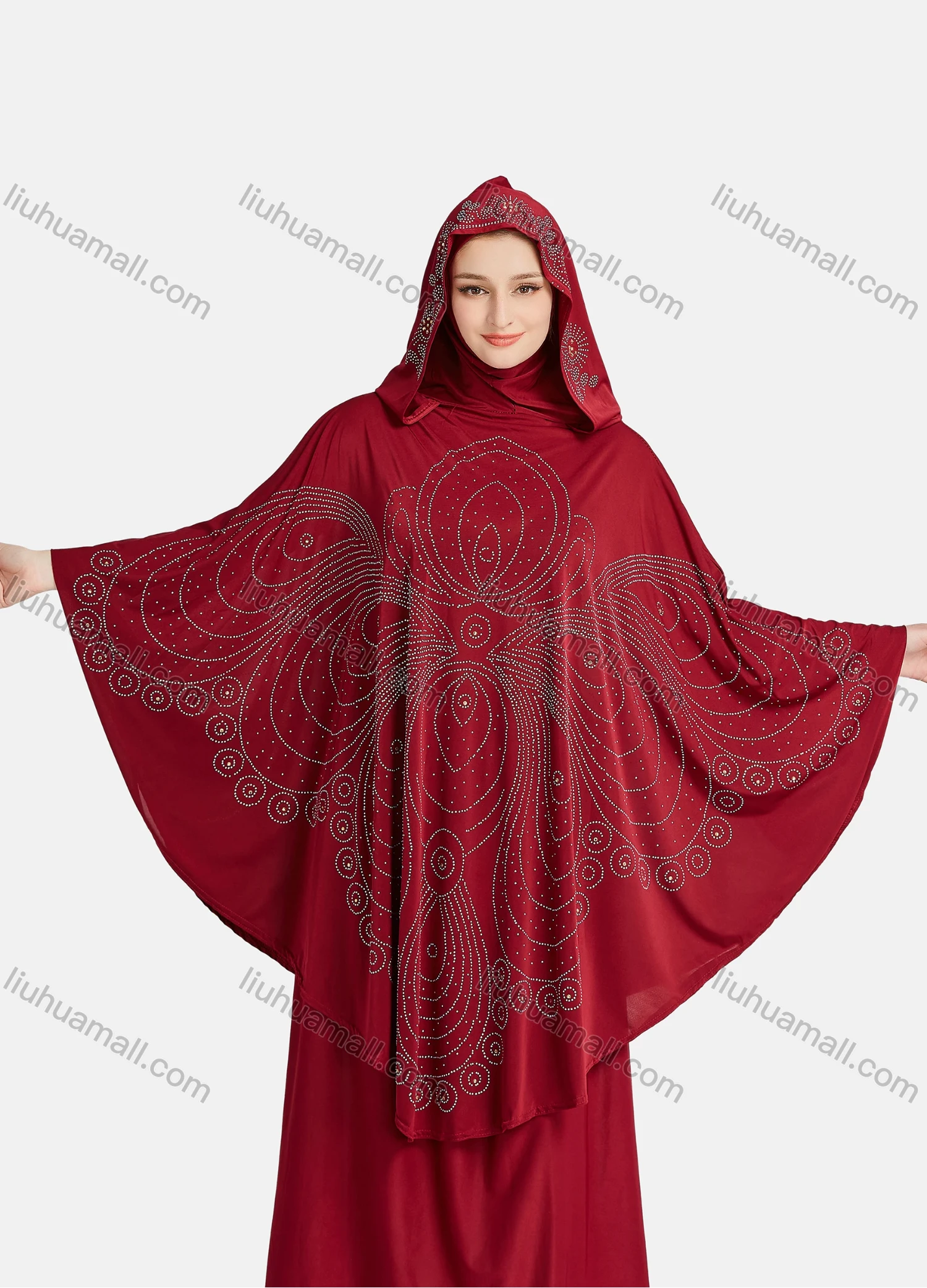 Wholesale Women's Vintage Islamic Rhinestone Appliques Muslim Hijab Ruffle Trim Abaya Dress - Liuhuamall