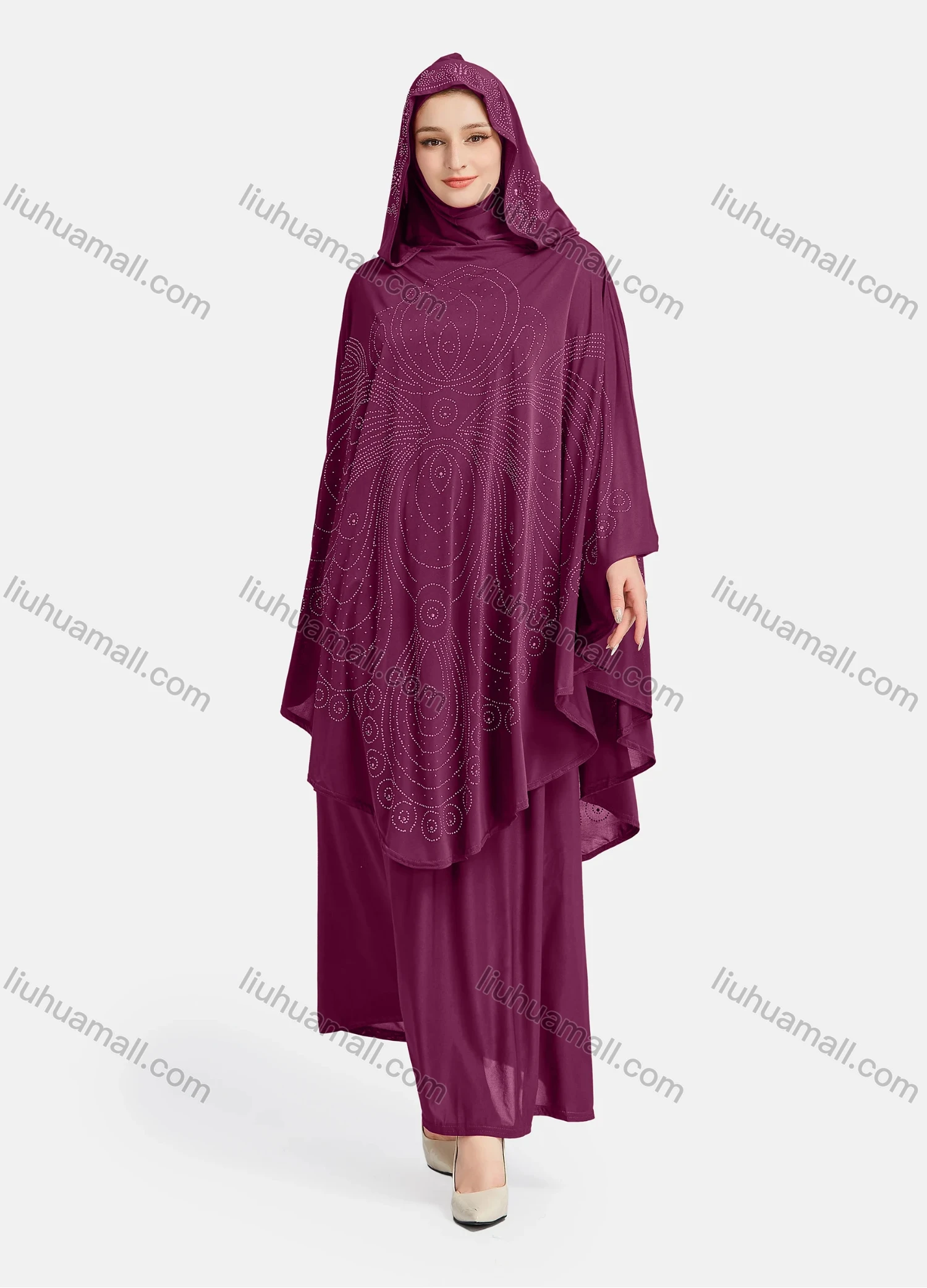Wholesale Women's Vintage Islamic Rhinestone Appliques Muslim Hijab Ruffle Trim Abaya Dress - Liuhuamall