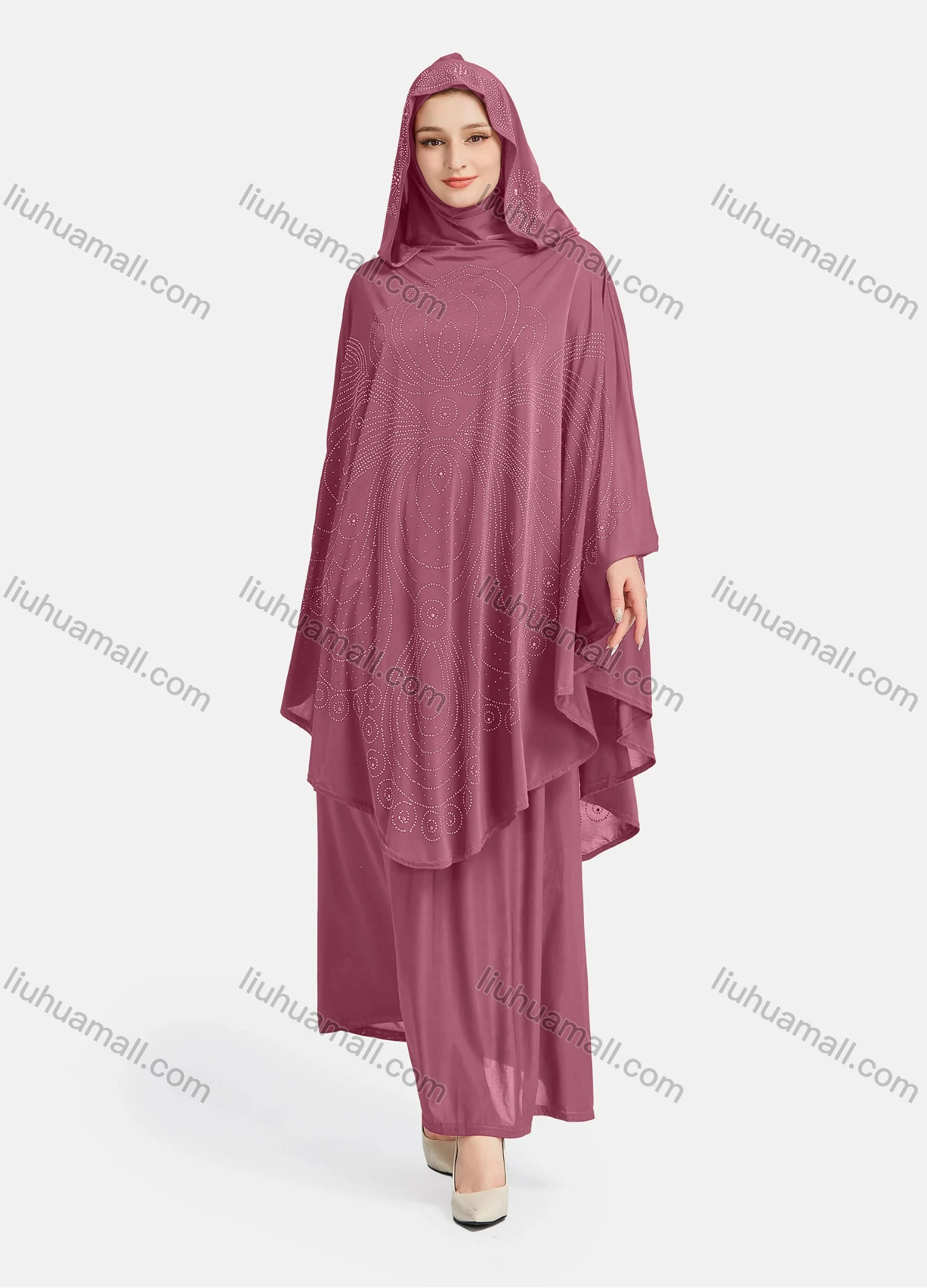 Wholesale Women's Vintage Islamic Rhinestone Appliques Muslim Hijab Ruffle Trim Abaya Dress - Liuhuamall
