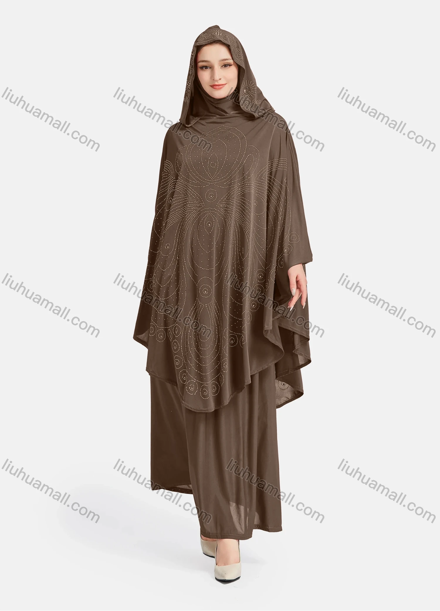 Wholesale Women's Vintage Islamic Rhinestone Appliques Muslim Hijab Ruffle Trim Abaya Dress - Liuhuamall
