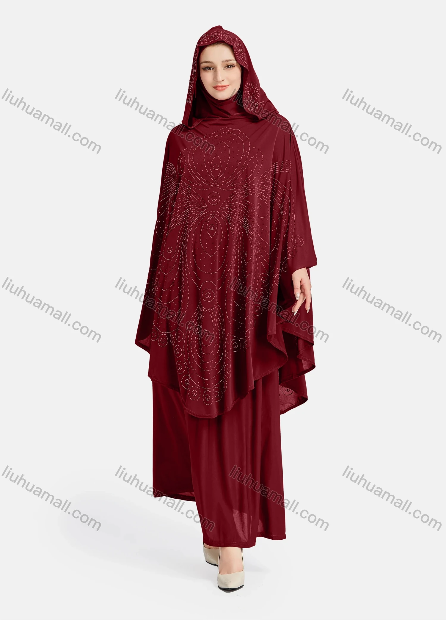 Wholesale Women's Vintage Islamic Rhinestone Appliques Muslim Hijab Ruffle Trim Abaya Dress - Liuhuamall