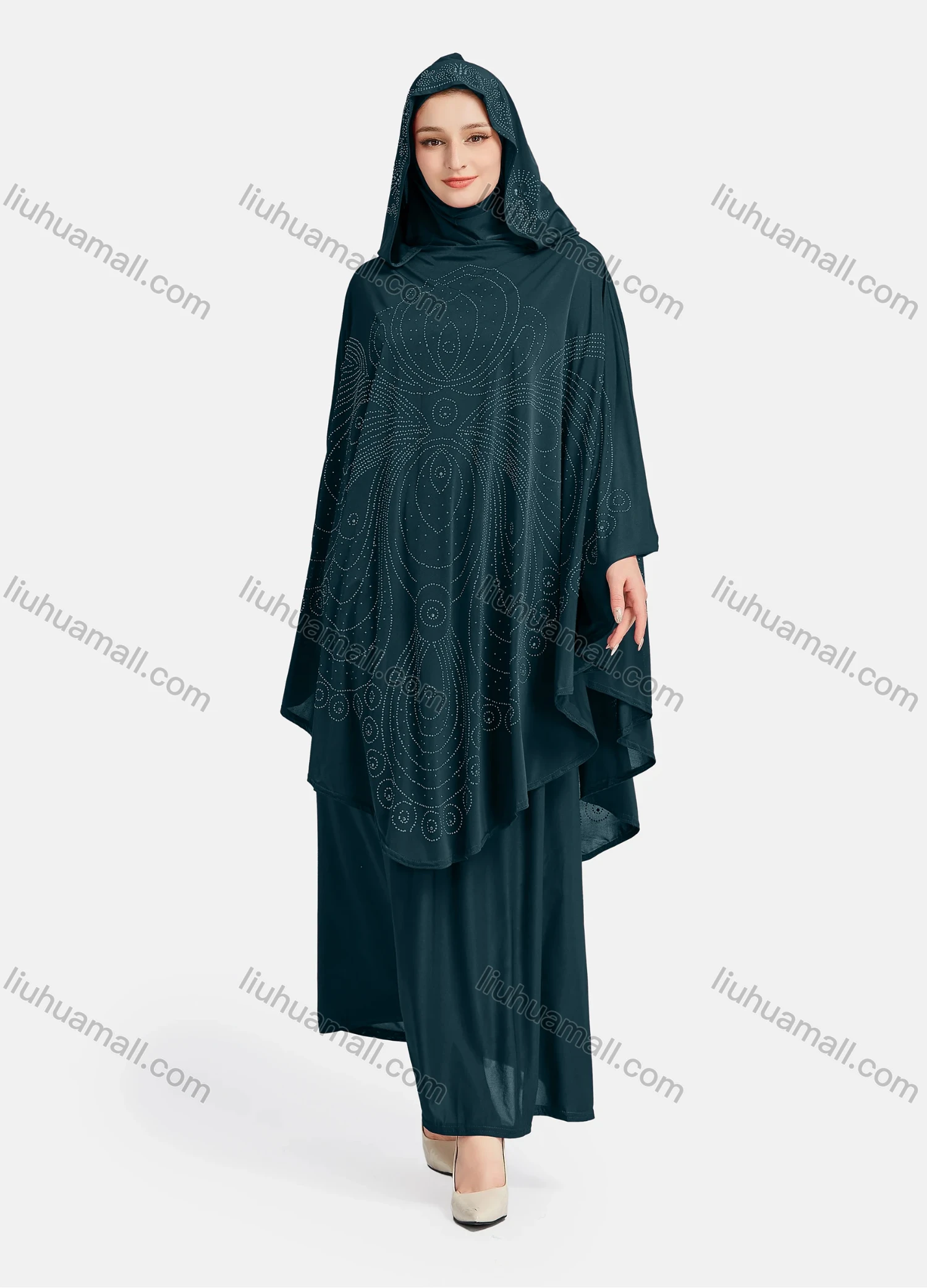 Wholesale Women's Vintage Islamic Rhinestone Appliques Muslim Hijab Ruffle Trim Abaya Dress - Liuhuamall