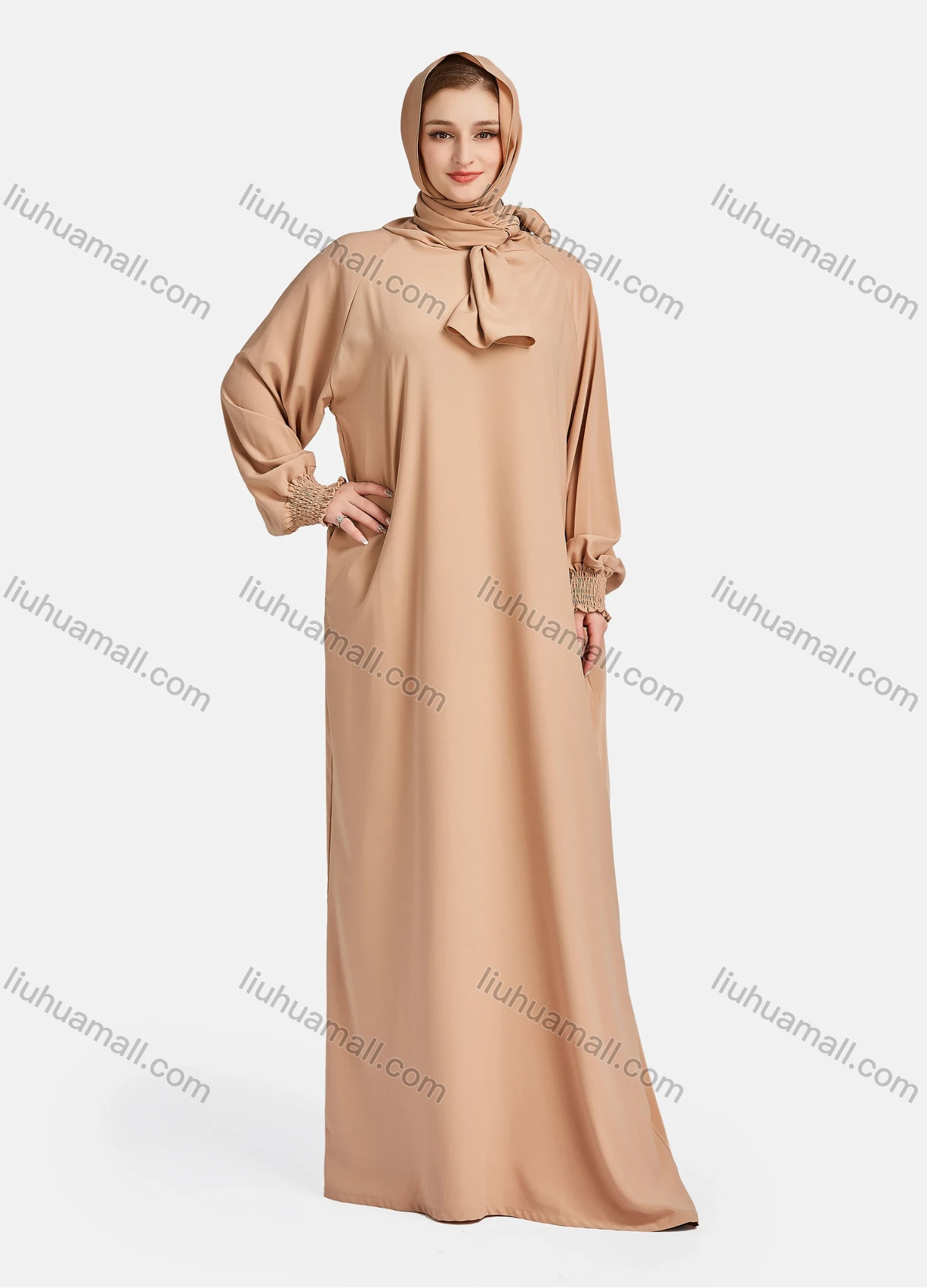 Wholesale Women's Vintage Islamic Chiffon Plain Muslim Long Sleeve Floor Length Hooded Scarf Abaya Dress - Liuhuamall
