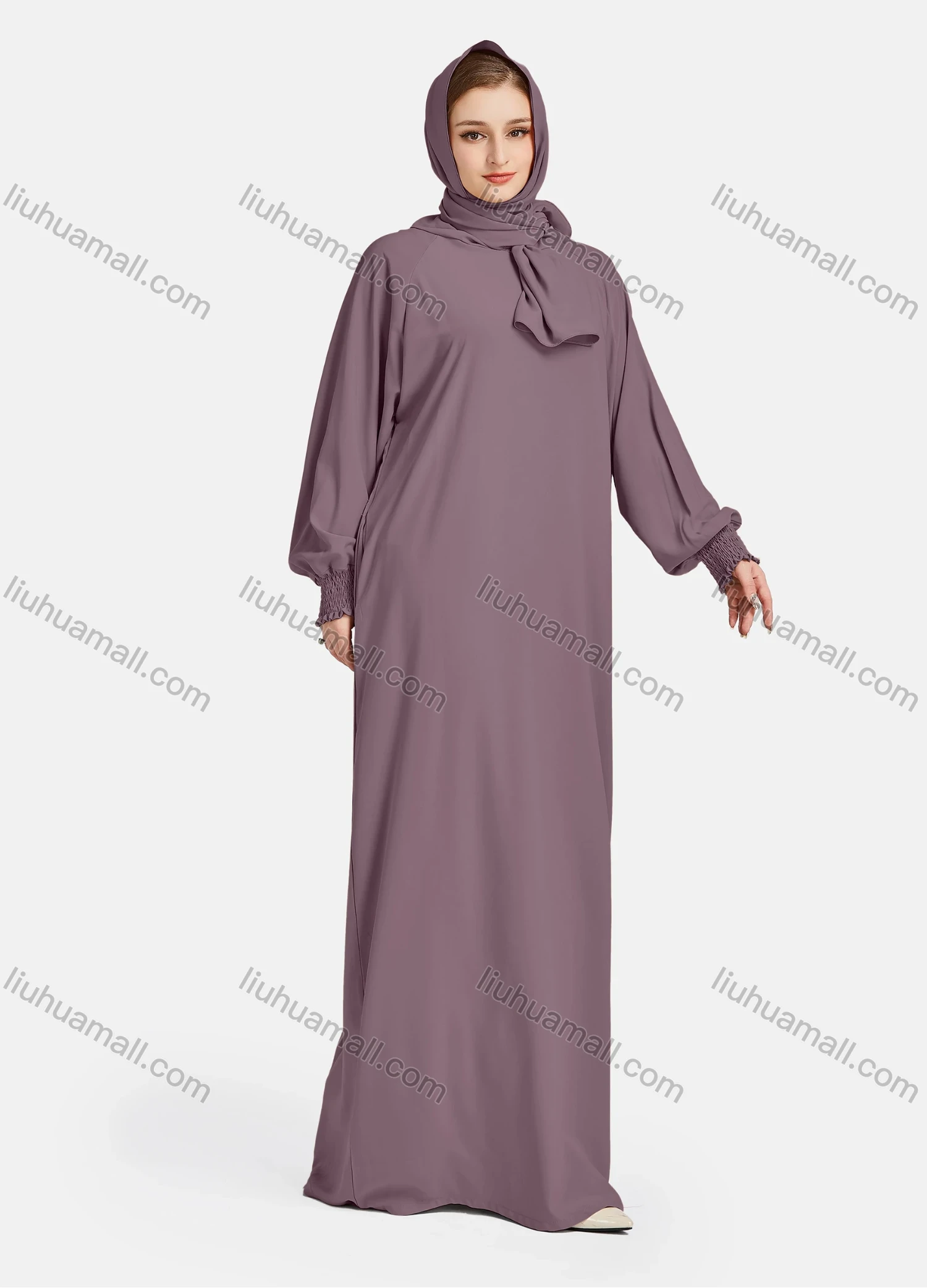 Wholesale Women's Vintage Islamic Chiffon Plain Muslim Long Sleeve Floor Length Hooded Scarf Abaya Dress - Liuhuamall