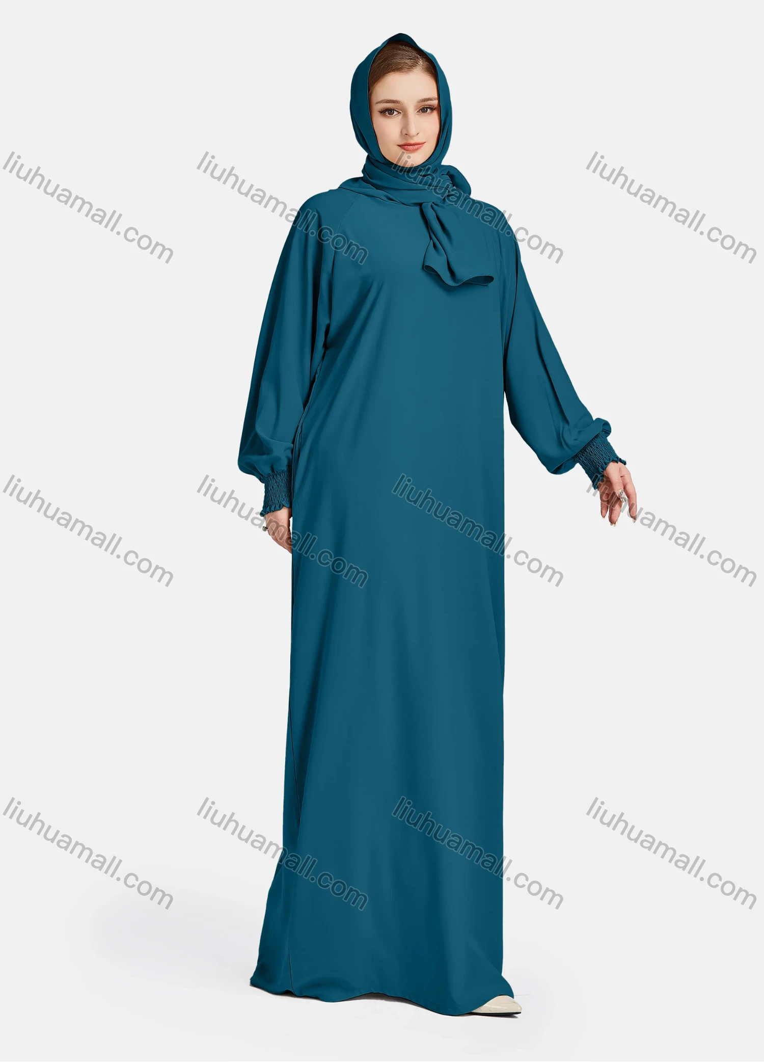 Wholesale Women's Vintage Islamic Chiffon Plain Muslim Long Sleeve Floor Length Hooded Scarf Abaya Dress - Liuhuamall