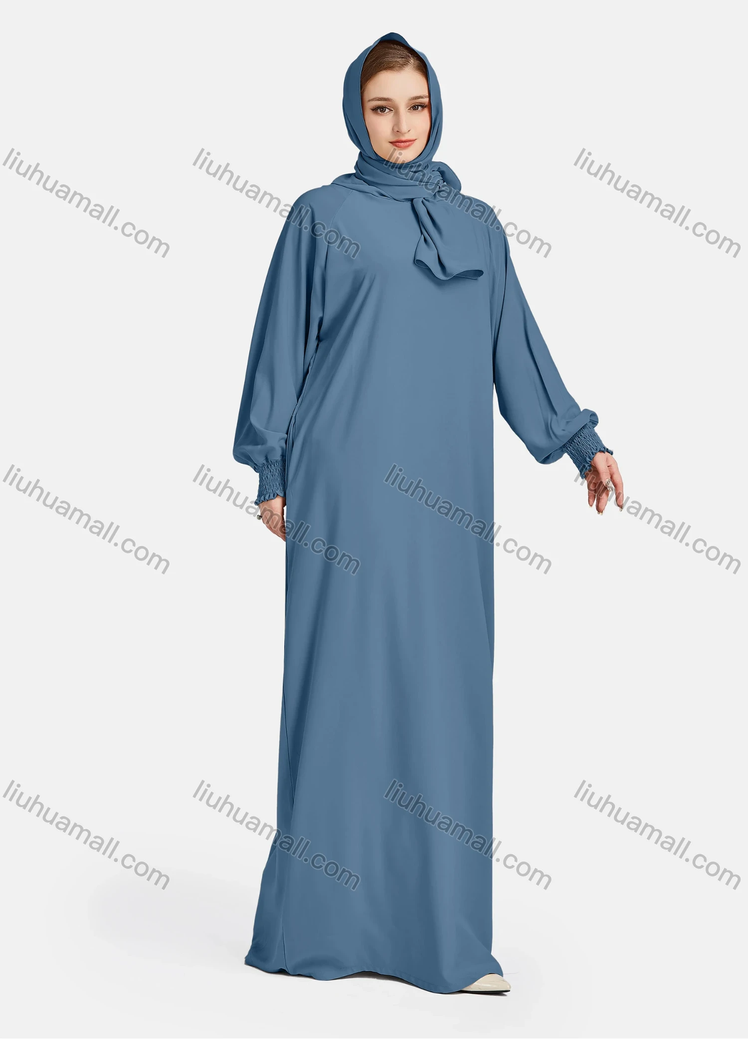Wholesale Women's Vintage Islamic Chiffon Plain Muslim Long Sleeve Floor Length Hooded Scarf Abaya Dress - Liuhuamall
