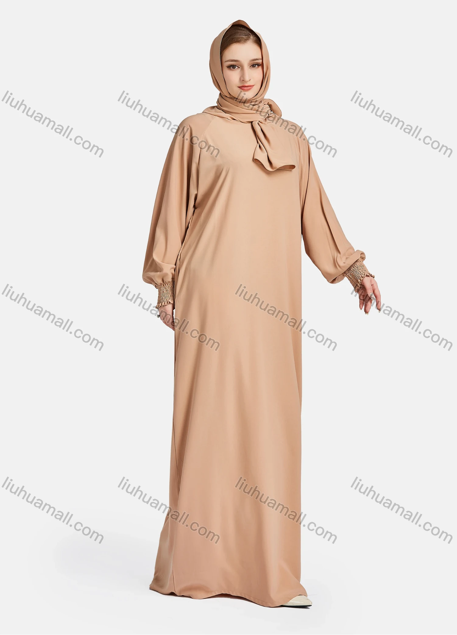 Wholesale Women's Vintage Islamic Chiffon Plain Muslim Long Sleeve Floor Length Hooded Scarf Abaya Dress - Liuhuamall
