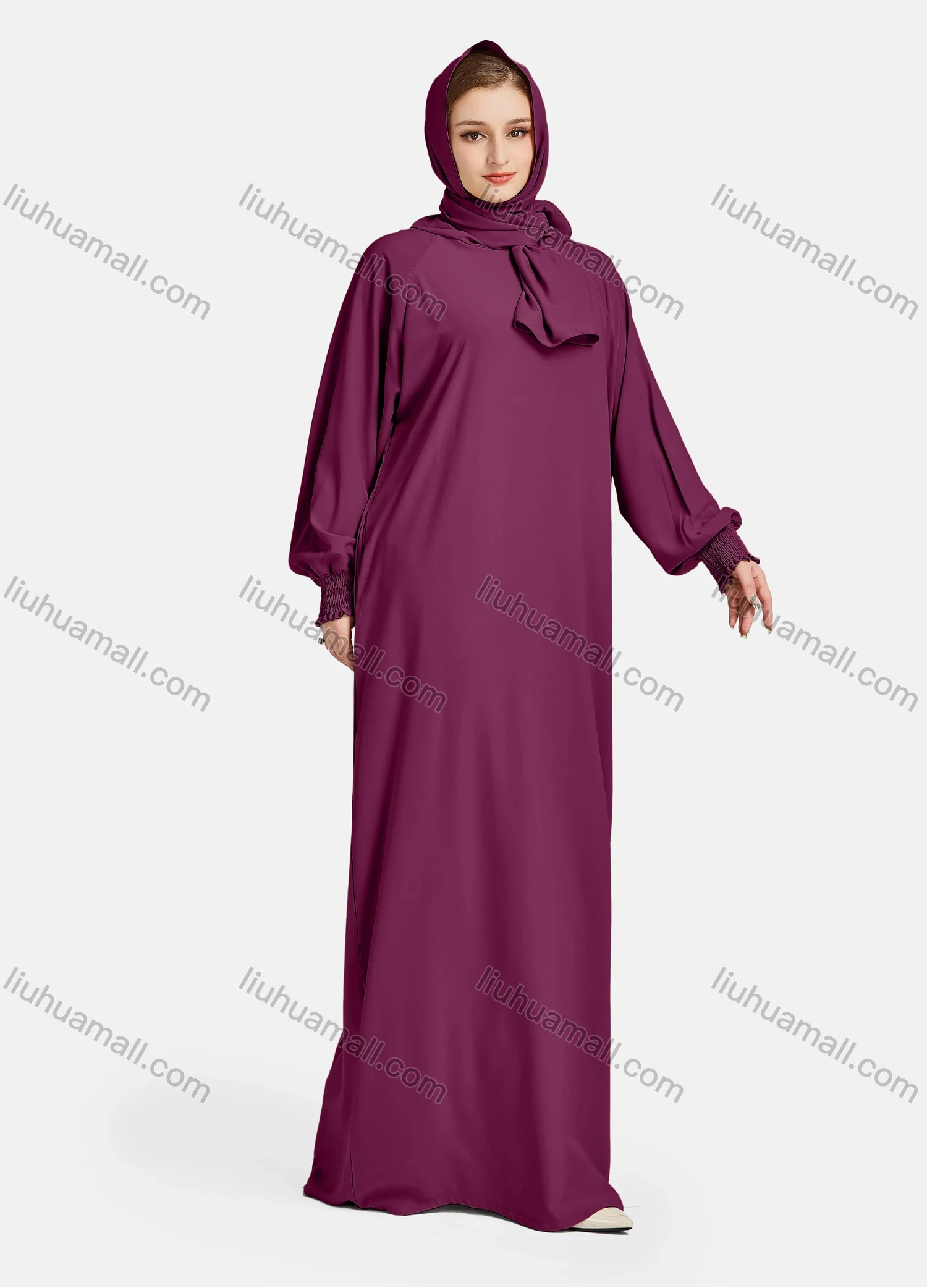 Wholesale Women's Vintage Islamic Chiffon Plain Muslim Long Sleeve Floor Length Hooded Scarf Abaya Dress - Liuhuamall