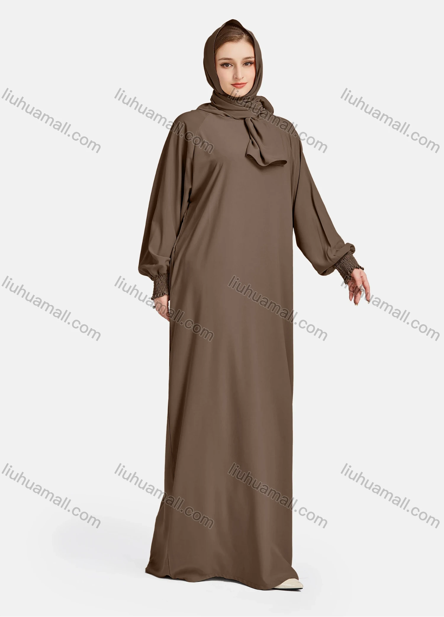 Wholesale Women's Vintage Islamic Chiffon Plain Muslim Long Sleeve Floor Length Hooded Scarf Abaya Dress - Liuhuamall