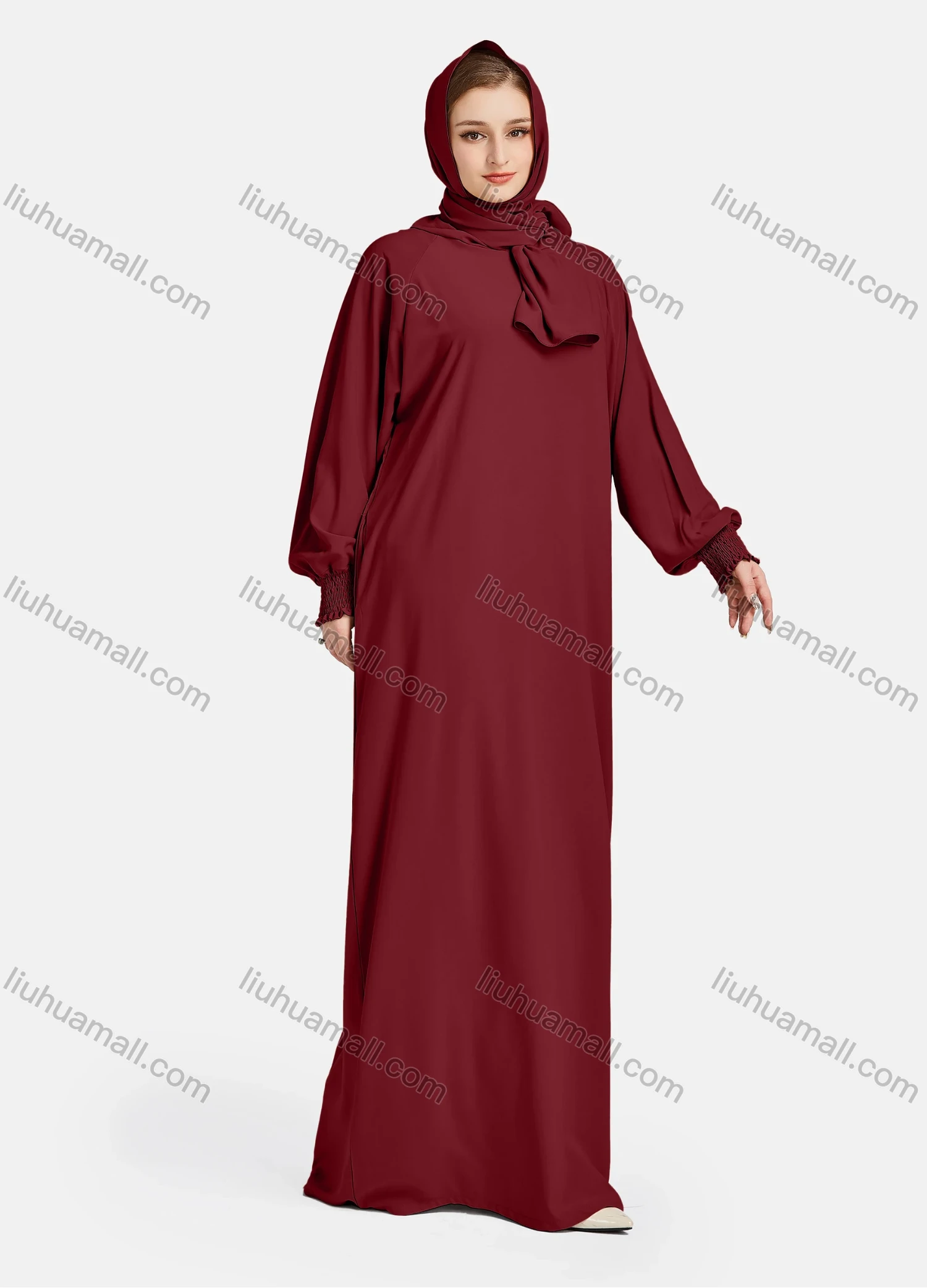 Wholesale Women's Vintage Islamic Chiffon Plain Muslim Long Sleeve Floor Length Hooded Scarf Abaya Dress - Liuhuamall