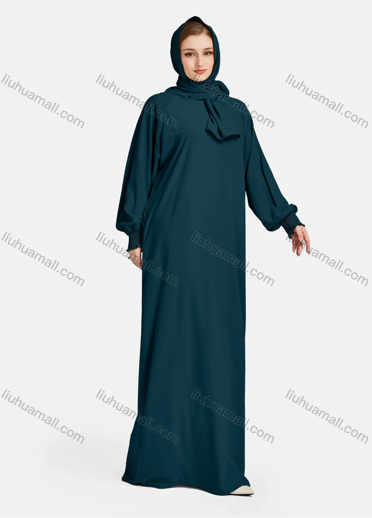 Wholesale Women's Vintage Islamic Chiffon Plain Muslim Long Sleeve Floor Length Hooded Scarf Abaya Dress - Liuhuamall