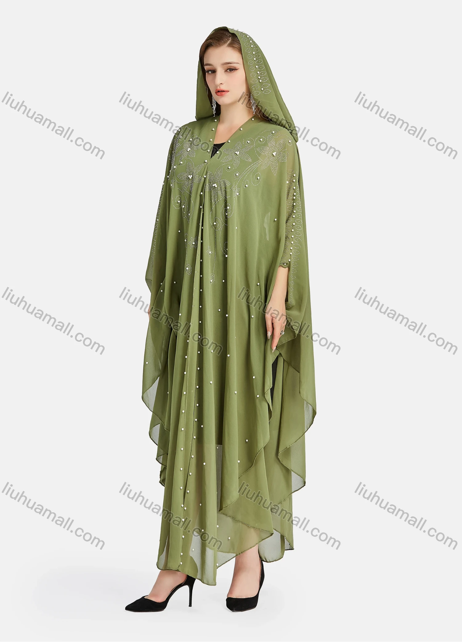 Wholesale Women's Vintage Islamic Chiffon Plain Pearl Decor Rhinestone Appliques Muslim Long Sleeve Maxi Hooded Abaya Dress - Liuhuamall