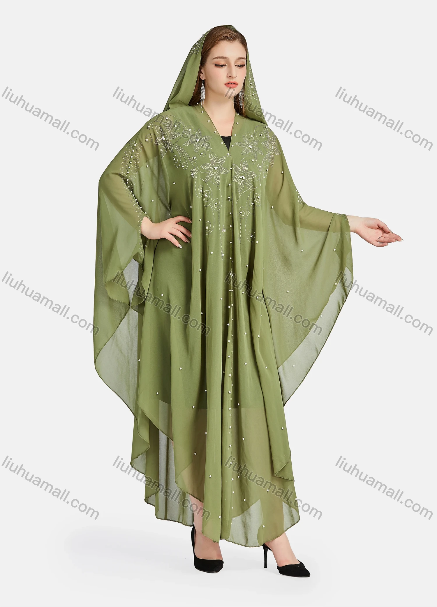 Wholesale Women's Vintage Islamic Chiffon Plain Pearl Decor Rhinestone Appliques Muslim Long Sleeve Maxi Hooded Abaya Dress - Liuhuamall