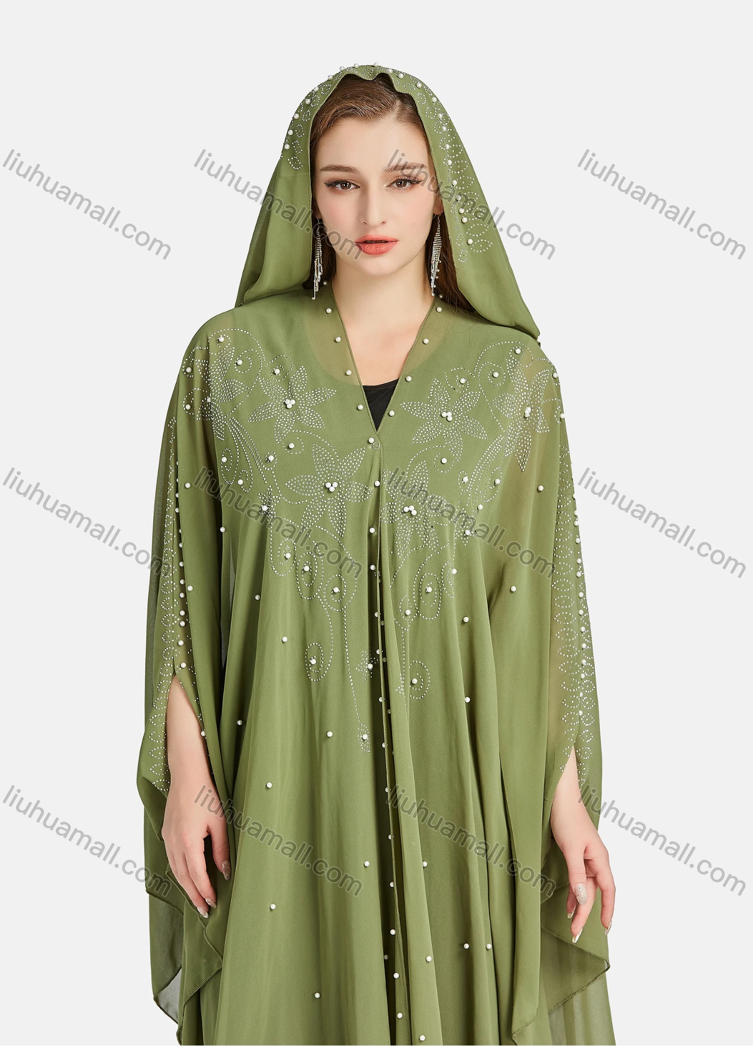 Wholesale Women's Vintage Islamic Chiffon Plain Pearl Decor Rhinestone Appliques Muslim Long Sleeve Maxi Hooded Abaya Dress - Liuhuamall