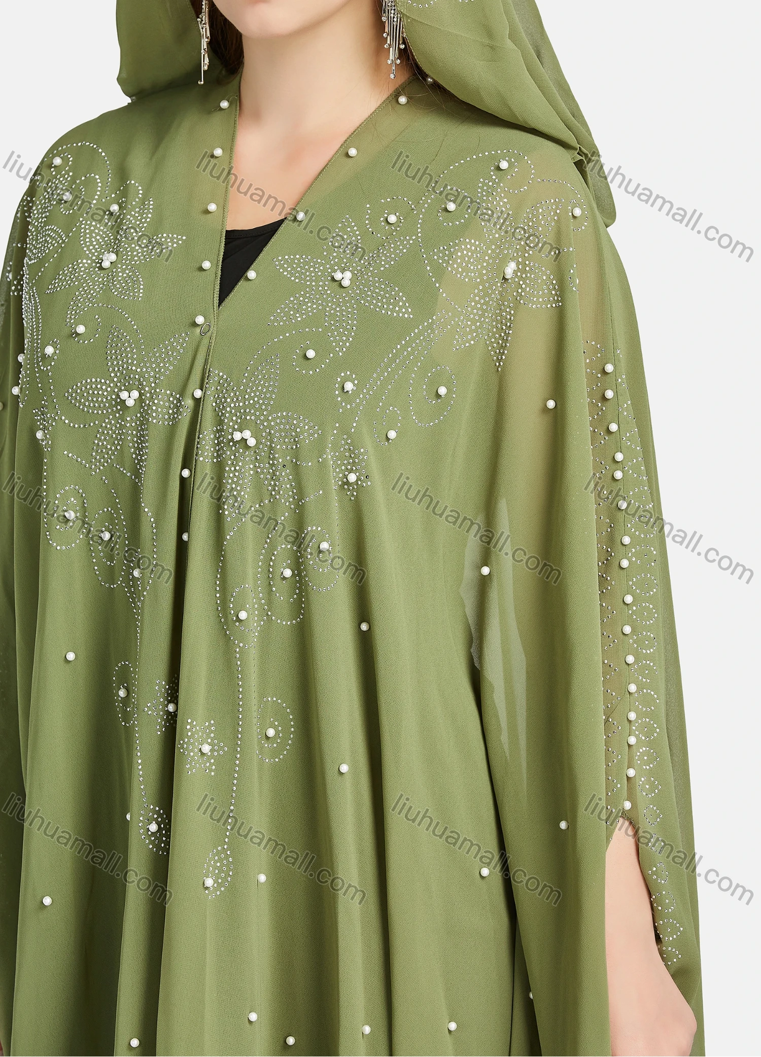 Wholesale Women's Vintage Islamic Chiffon Plain Pearl Decor Rhinestone Appliques Muslim Long Sleeve Maxi Hooded Abaya Dress - Liuhuamall