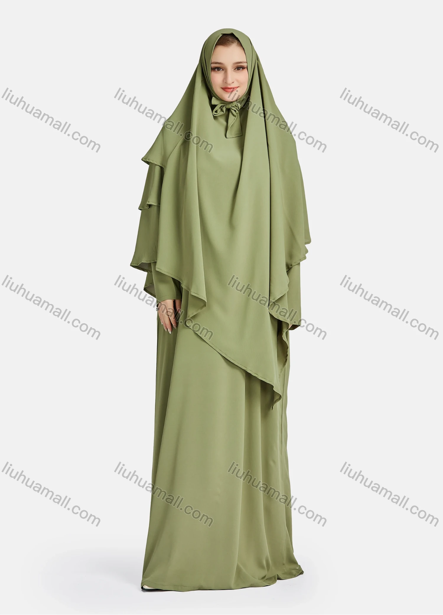 Wholesale Women's Vintage Islamic Chiffon Plain Muslim Long Sleeve Ruffle Trim Layered Floor Length Hooded Khimar Abaya Dress - Liuhuamall