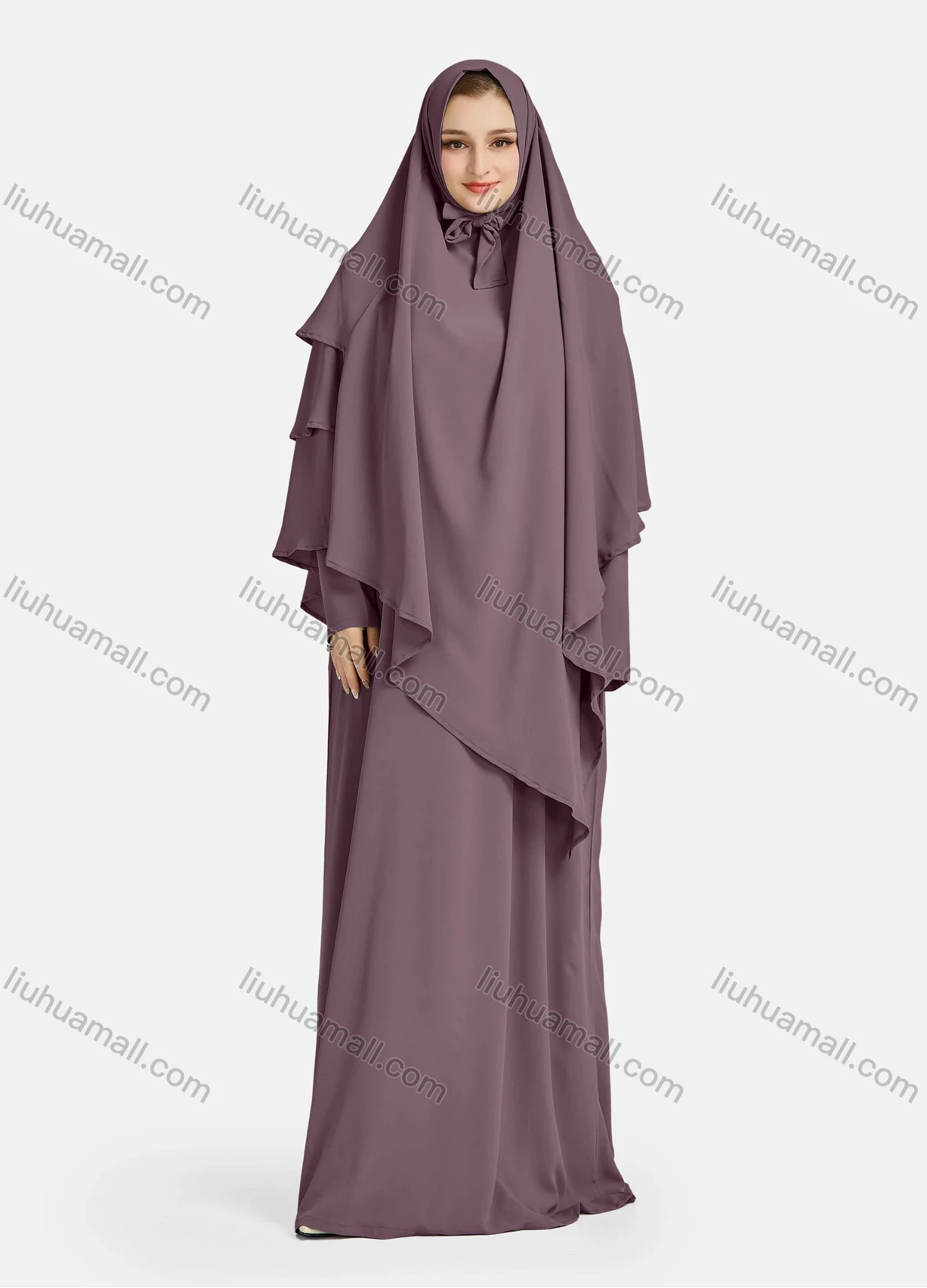 Wholesale Women's Vintage Islamic Chiffon Plain Muslim Long Sleeve Ruffle Trim Layered Floor Length Hooded Khimar Abaya Dress - Liuhuamall