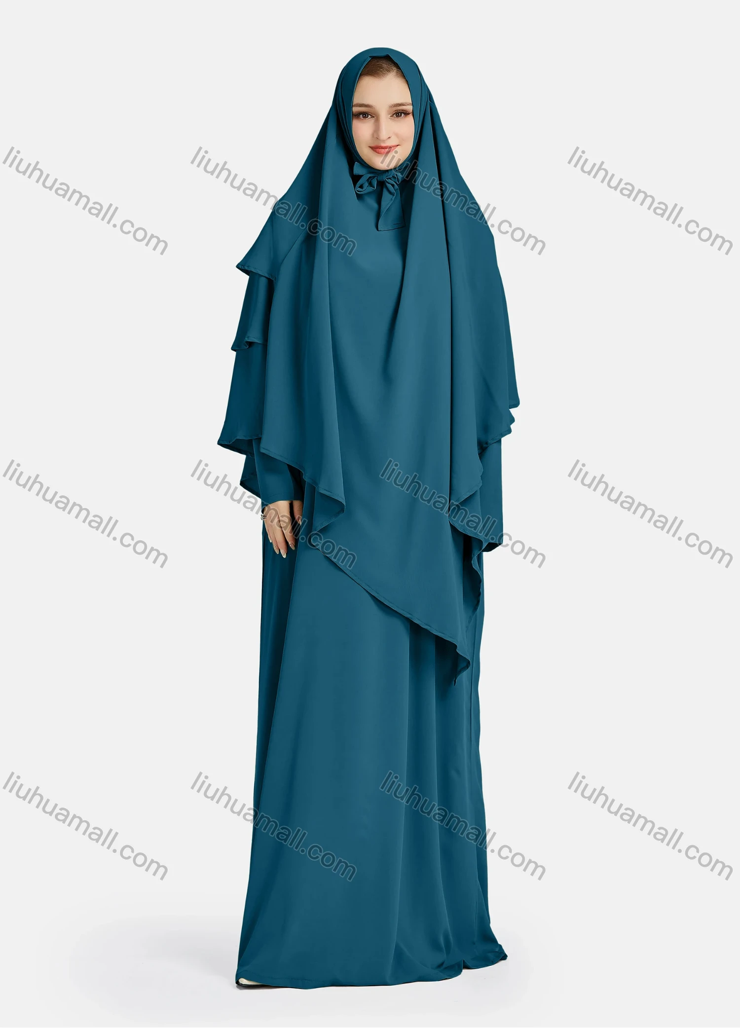 Wholesale Women's Vintage Islamic Chiffon Plain Muslim Long Sleeve Ruffle Trim Layered Floor Length Hooded Khimar Abaya Dress - Liuhuamall