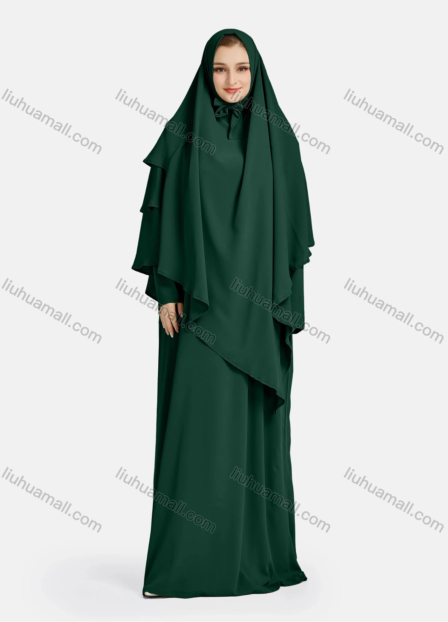 Wholesale Women's Vintage Islamic Chiffon Plain Muslim Long Sleeve Ruffle Trim Layered Floor Length Hooded Khimar Abaya Dress - Liuhuamall